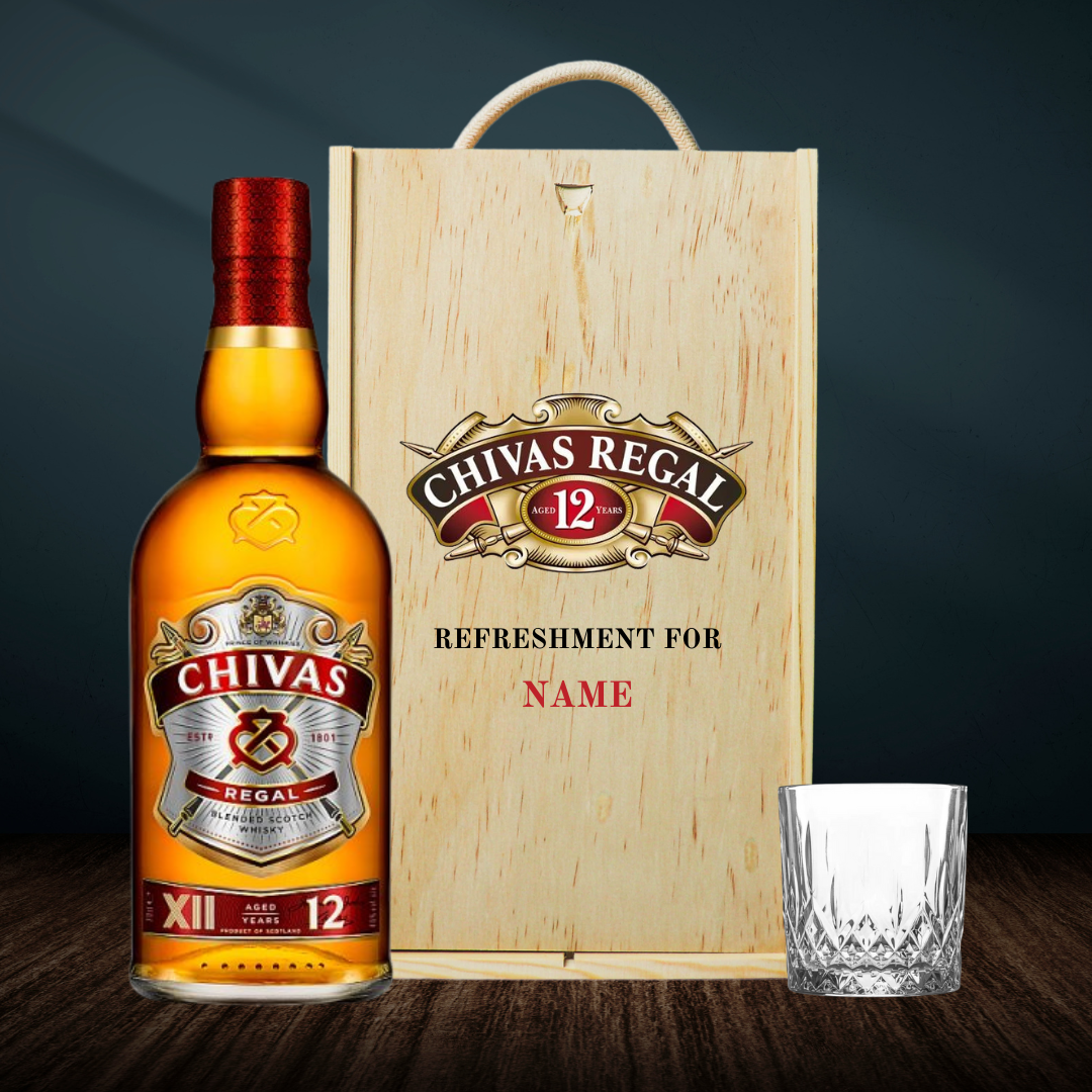 Personalised Chivas Regal 12 Year Scotch Whiskey Gift Set in Wooden Box with Glass - 40% ABV (70cl) - BEERHUNTER