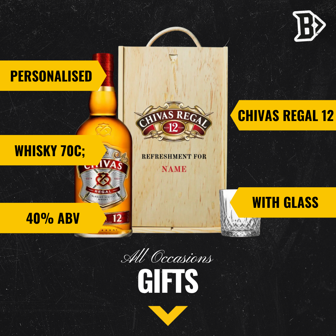 Personalised Chivas Regal 12 Year Scotch Whiskey Gift Set in Wooden Box with Glass - 40% ABV (70cl)