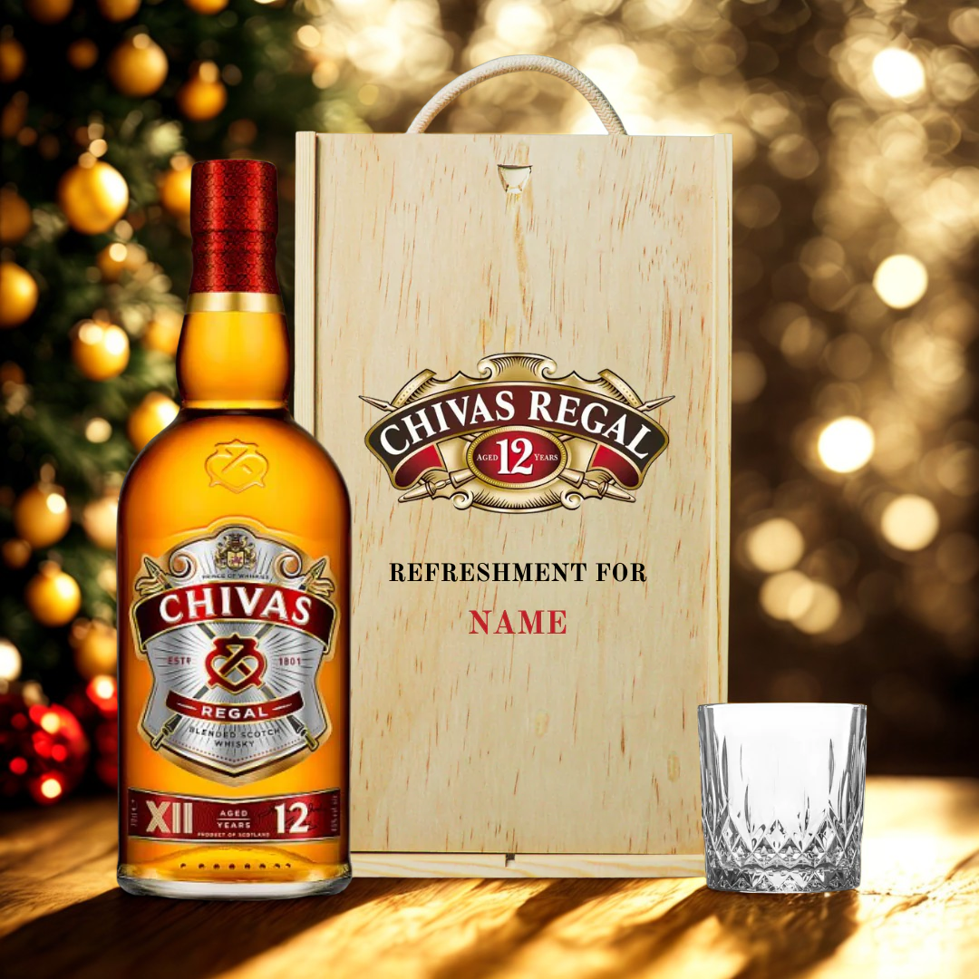 Personalised Chivas Regal 12 Year Scotch Whiskey Gift Set in Wooden Box - 40% ABV (70cl)