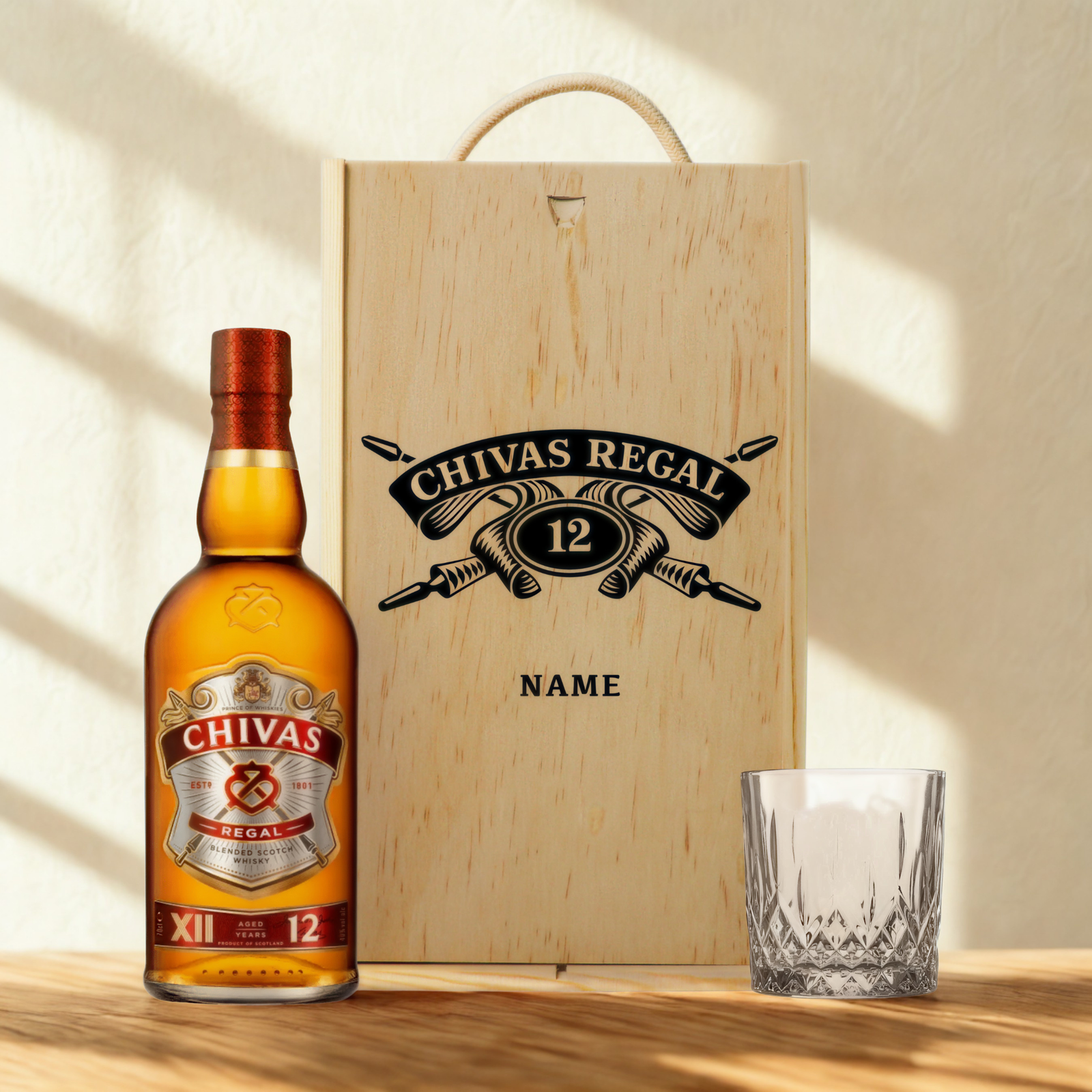 Personalised Chivas Regal 12 Year Scotch Whiskey Gift Set in Wooden Box - 40% ABV (70cl)