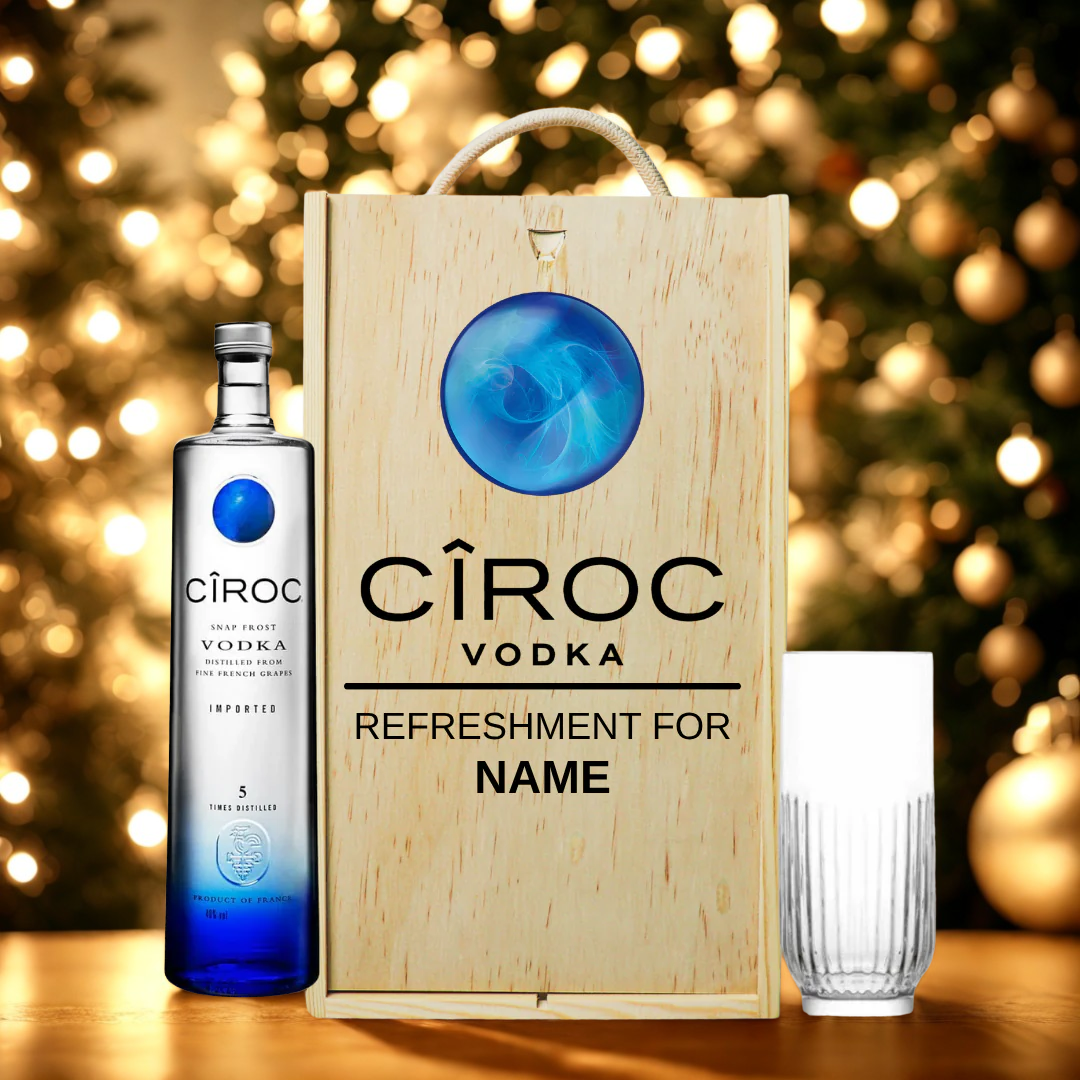 Personalised Ciroc Vodka with Vodka Glass in Wooden Box Gift Set