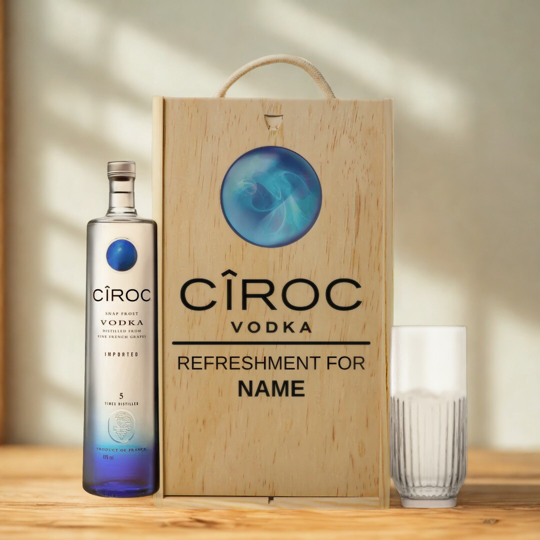 Personalised Ciroc Vodka with Vodka Glass in Wooden Box Gift Set