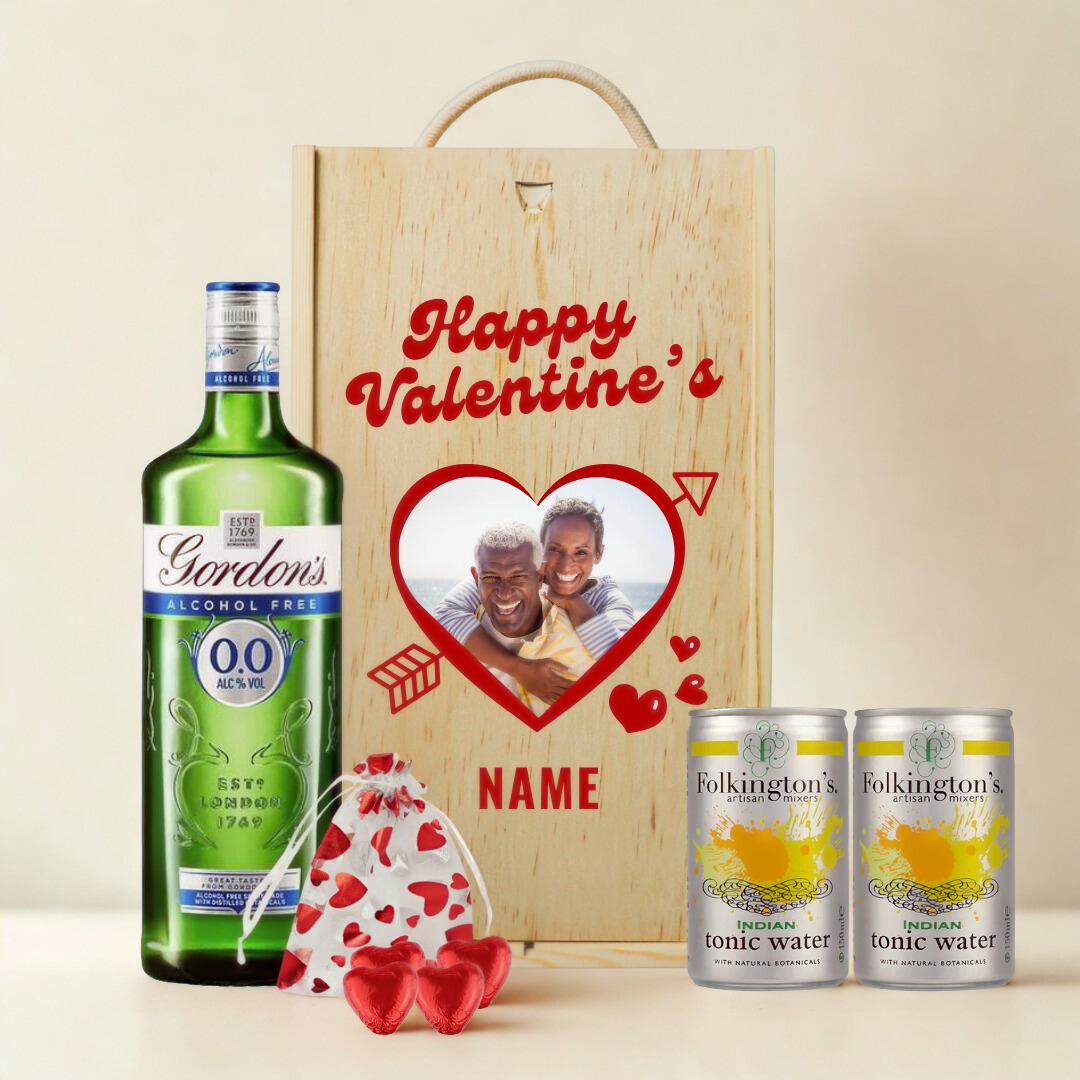 Personalised Custom Name & Photo Valentine's Day Gordon's Gin Gift Set with Folkingtons Tonics