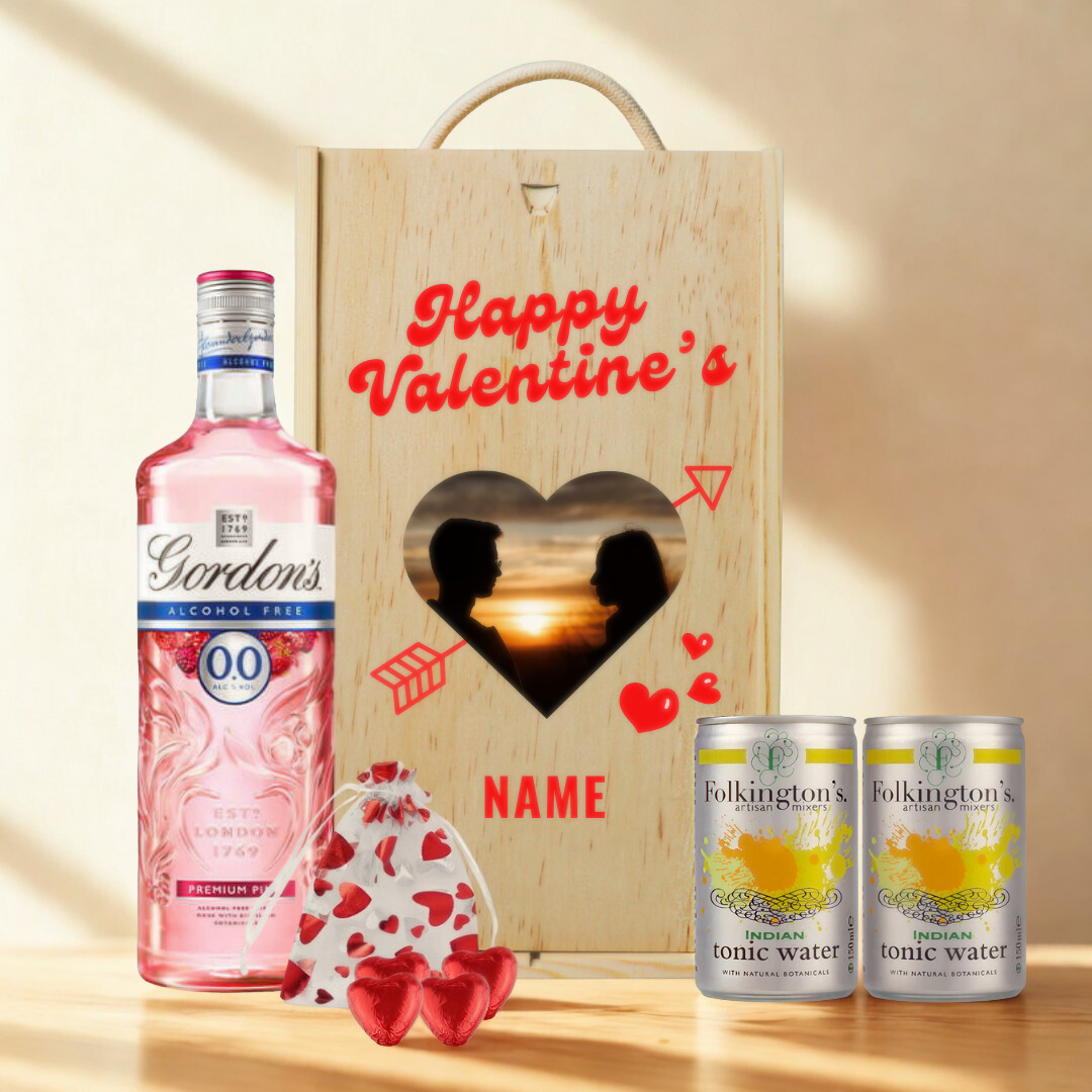 Personalised Custom Name & Photo Valentine's Day Gordon's Gin Gift Set with Folkingtons Tonics