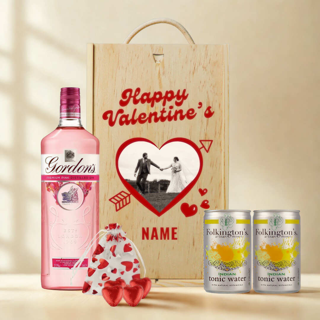 Personalised Custom Name &amp; Photo Valentine's Day Gordon's Gin Gift Set with Folkingtons Tonics