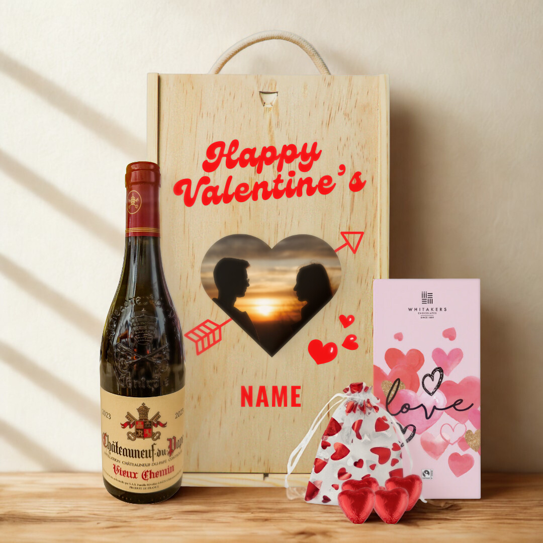 Personalised Custom Name & Photo Valentine's Day Wine Gift Set with Heart Chocolates and Love Chocolate Bar