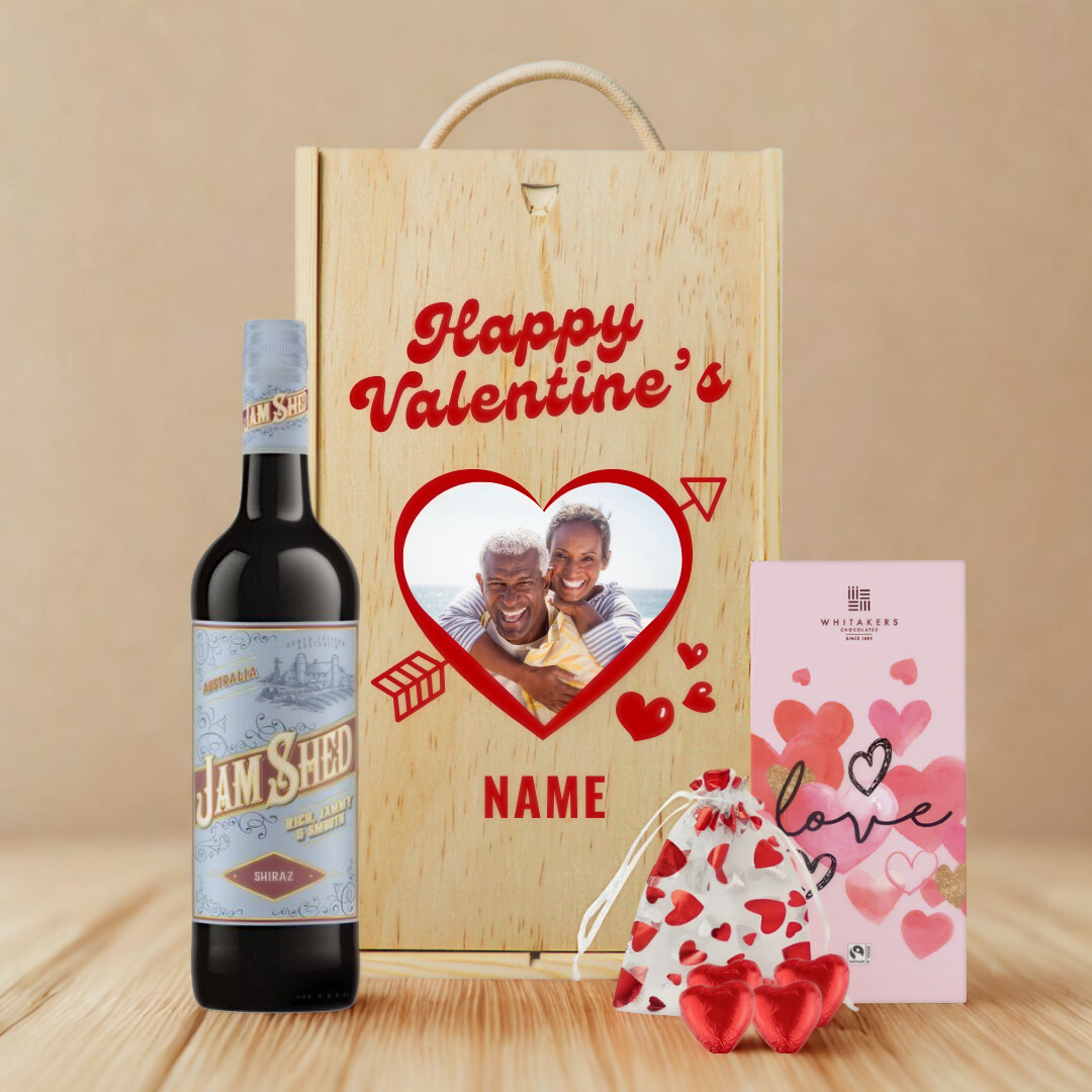 Personalised Custom Name & Photo Valentine's Day Wine Gift Set with Heart Chocolates and Love Chocolate Bar
