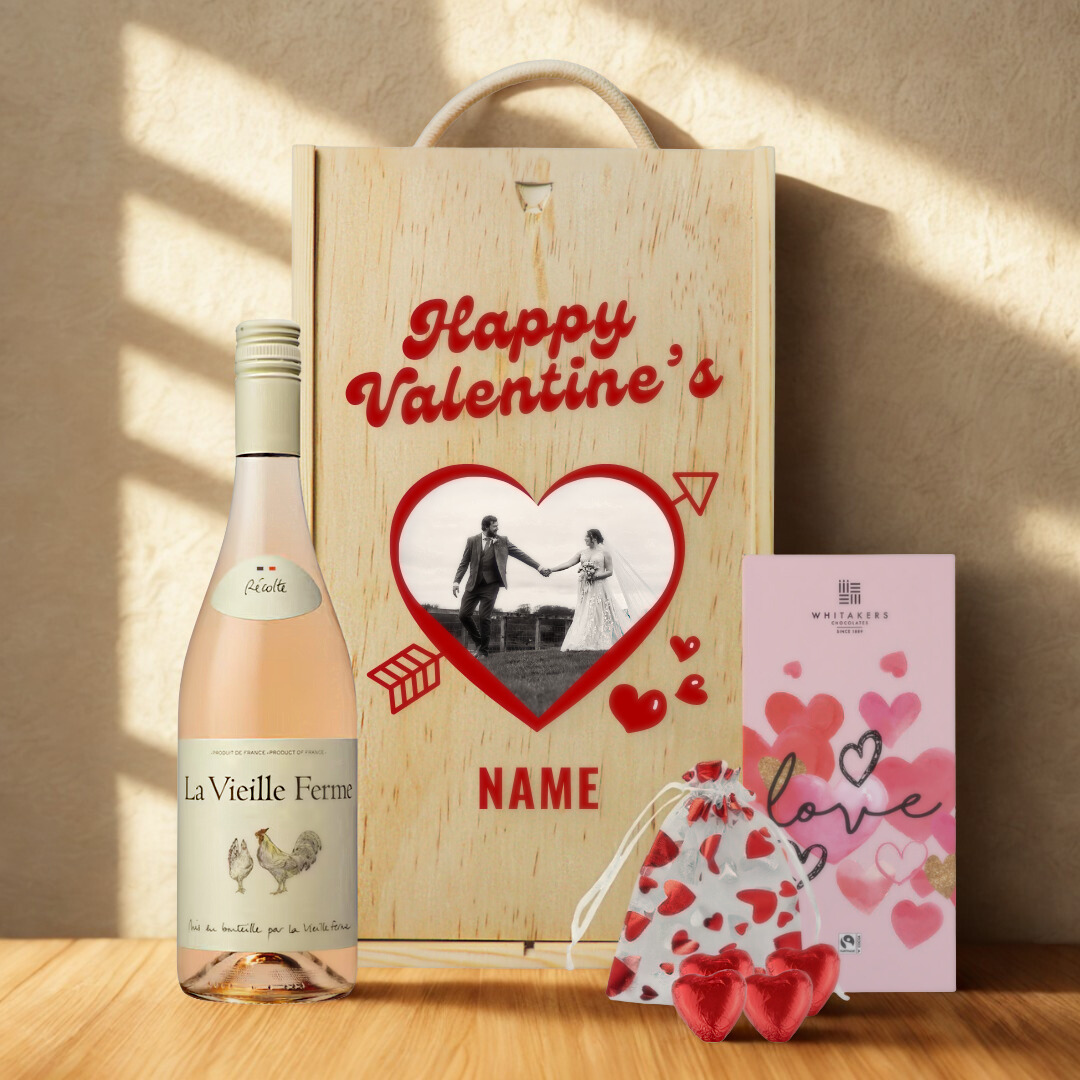 Personalised Custom Name & Photo Valentine's Day Wine Gift Set with Heart Chocolates and Love Chocolate Bar
