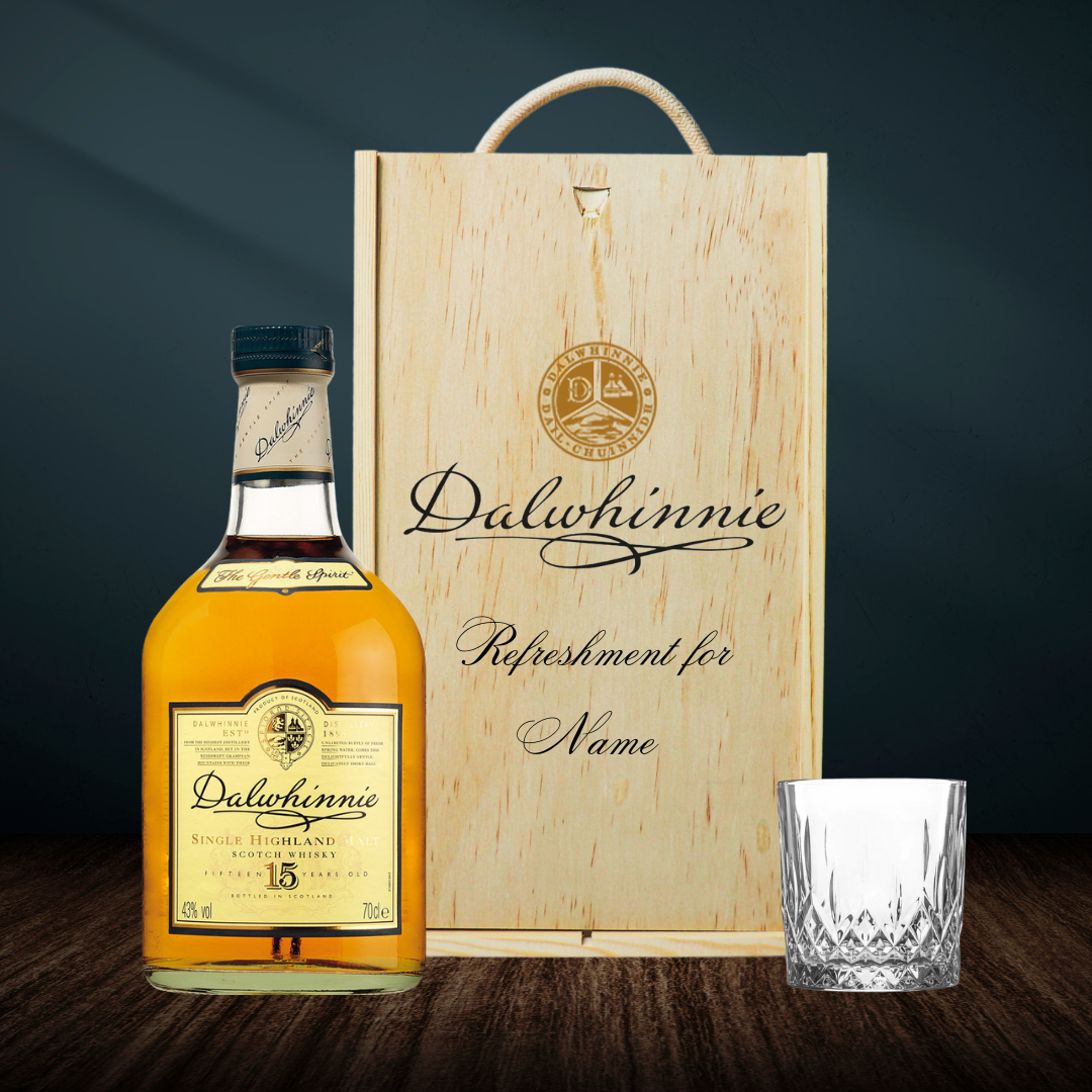 Personalised Dalwhinnie Whisky 15 Year Old Gift Set in Wooden Box with Glass - 43% ABV (70cl) - BEERHUNTER
