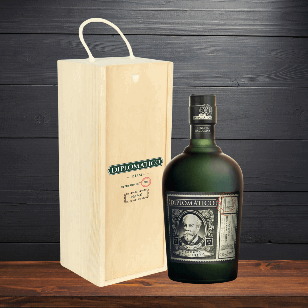 Personalised Diplomatico Reserva Exclusiva Rum Gift Set in Wooden Box (70cl) - BEERHUNTER