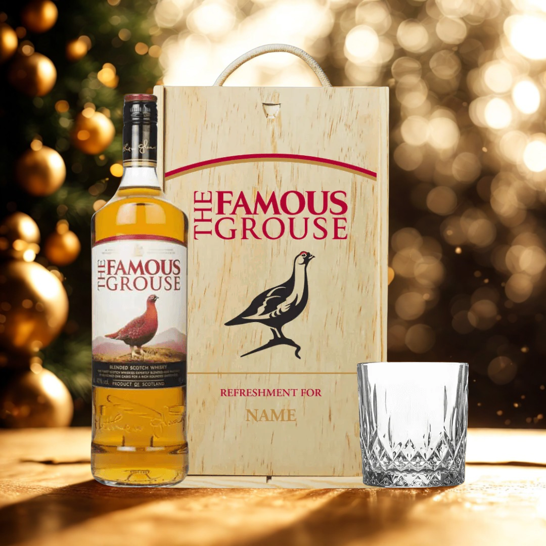 Personalised Famous Grouse Single Grain Whisky in Wooden Box 70CL (40% ABV)