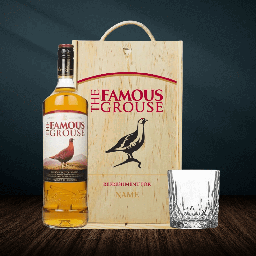 Personalised Famous Grouse Single Grain Whisky in Wooden Box with Glass 70CL (40% ABV) - BEERHUNTER