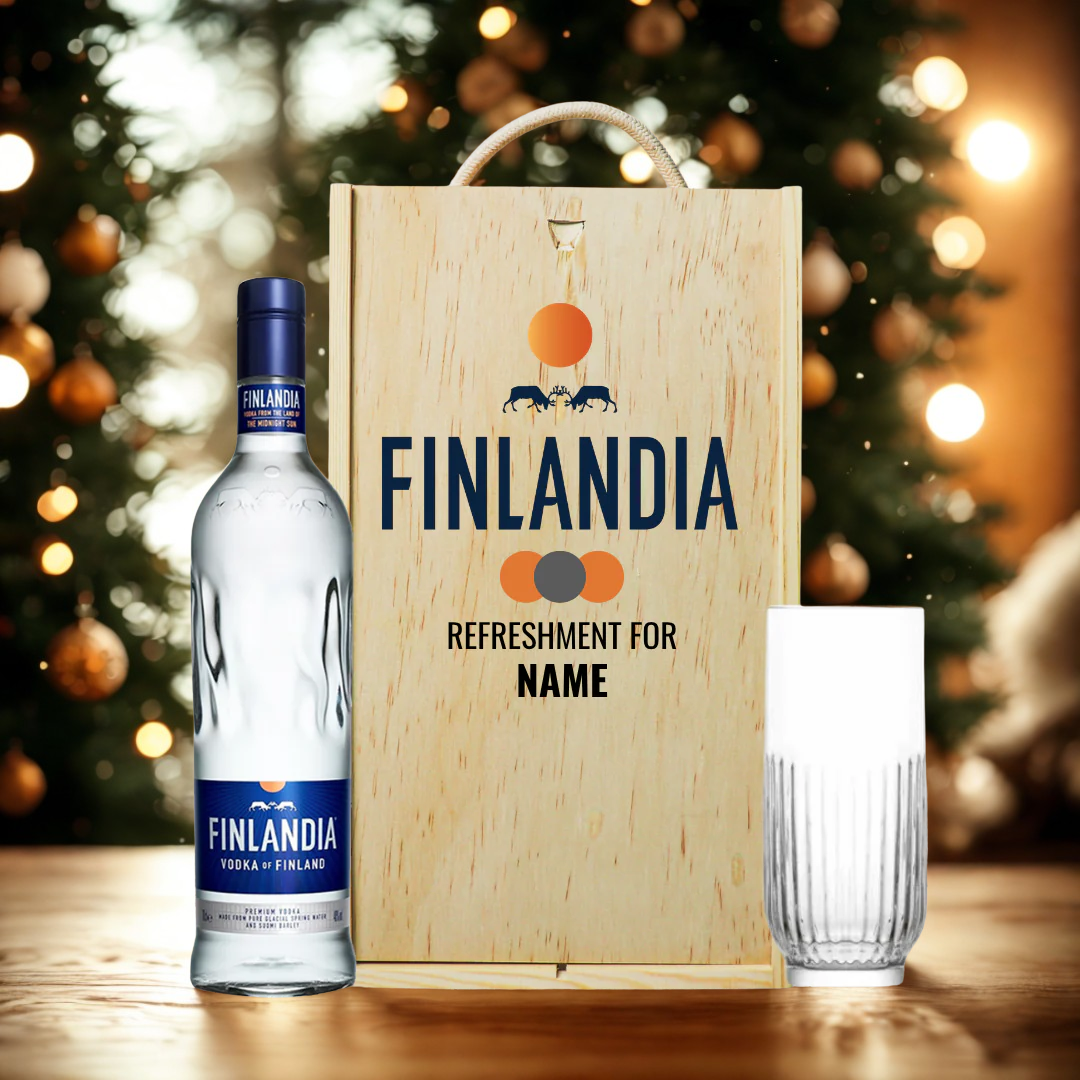Personalised Finlandia Finland Vodka with Vodka Glass in Wooden Box Gift Set