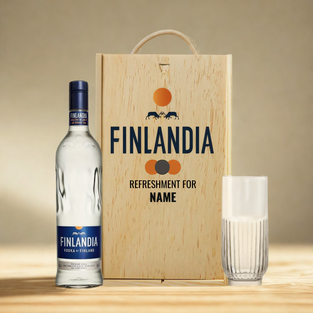 Personalised Finlandia Finland Vodka with Vodka Glass in Wooden Box Gift Set
