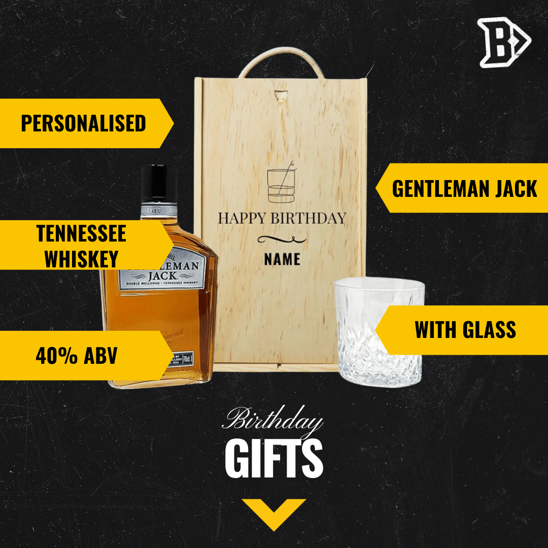 Personalised Gentleman Jack Whiskey Happy Birthday Gift Set with Glass 70cl - 40% ABV - BEERHUNTER