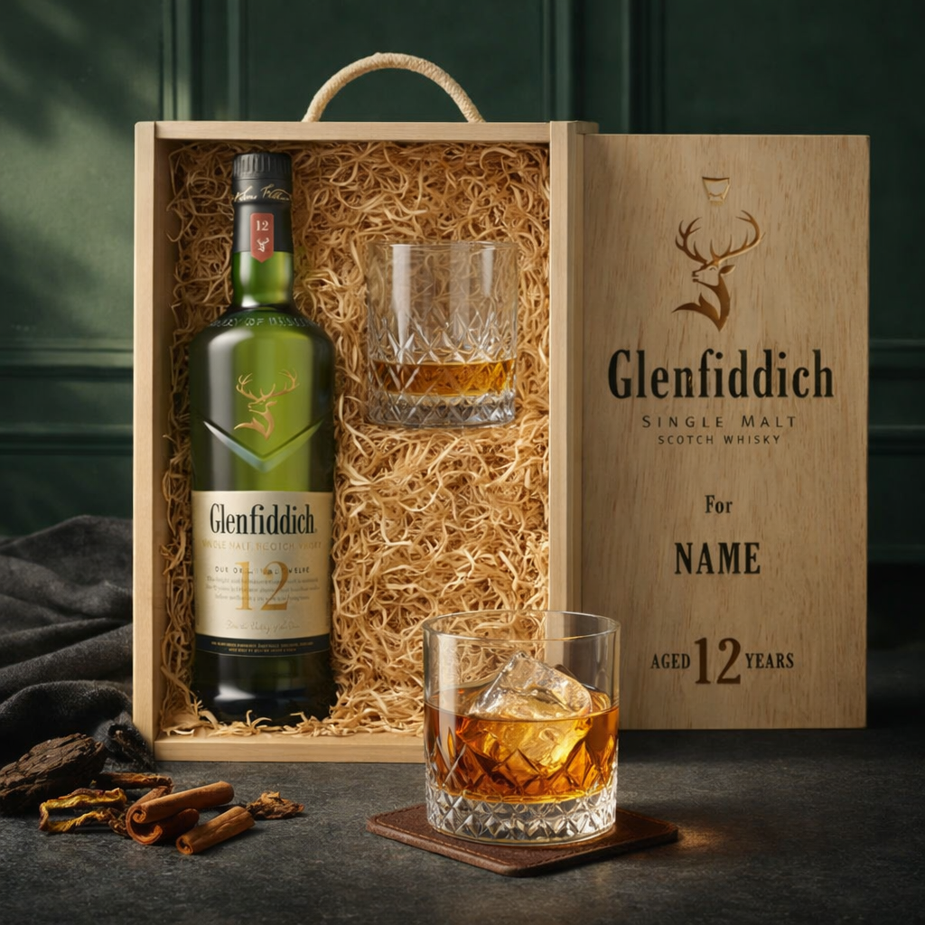 Personalised Glenfiddich 12 Year Old Single Malt Scotch Whisky Gift Set with Glass - 70cl (40% ABV)