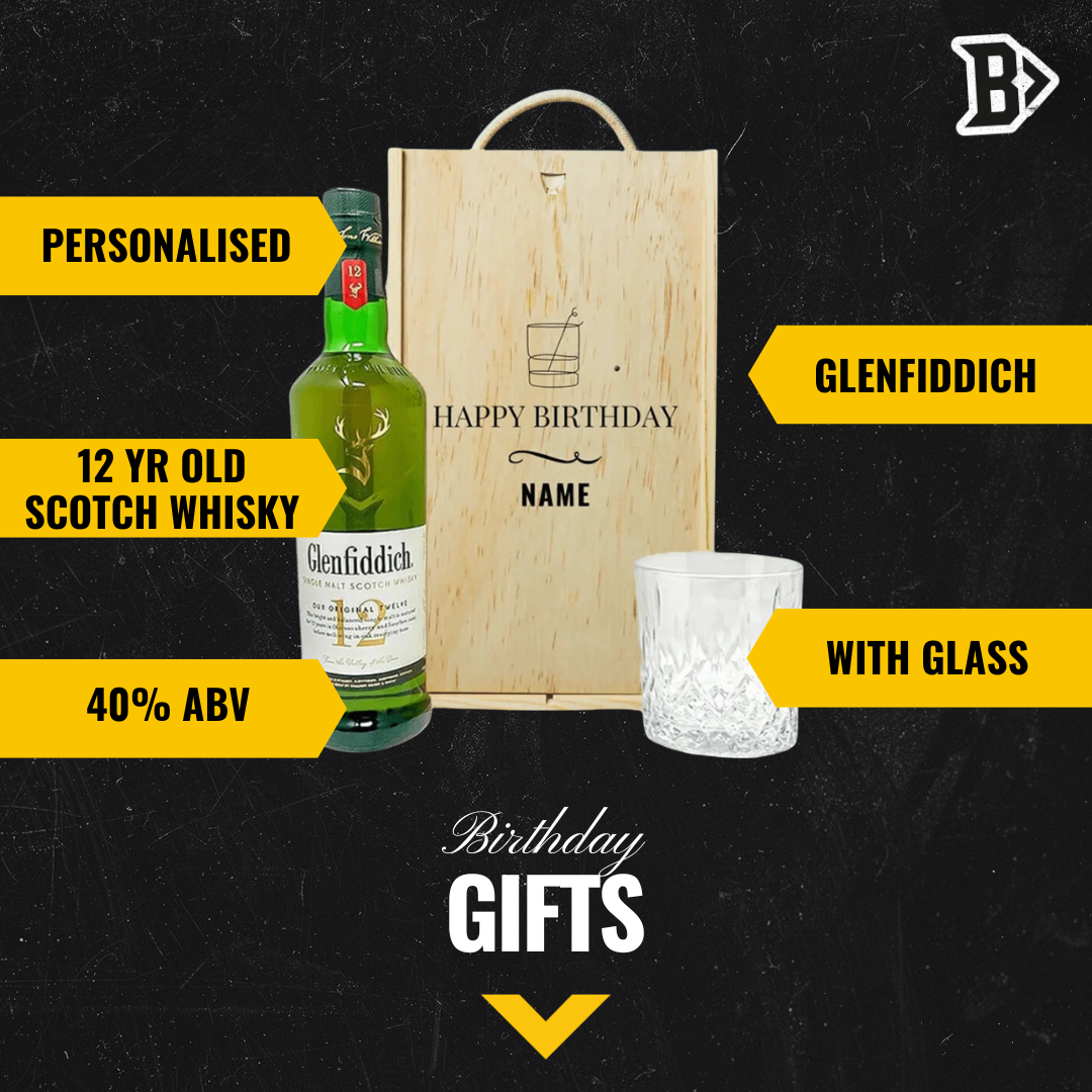 Personalised Glenfiddich 12 Year Single Malt Scotch Whisky Happy Birthday Gift Set with Glass - BEERHUNTER