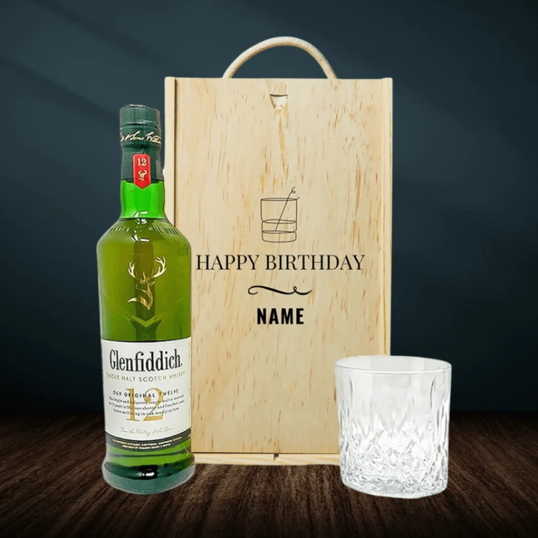 Personalised Glenfiddich 12 Year Single Malt Scotch Whisky Happy Birthday Gift Set with Glass - BEERHUNTER