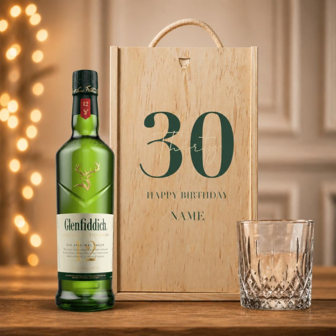 Personalised Glenfiddich 12 Year Single Malt Scotch Whisky Happy Birthday Gift Set with Glass