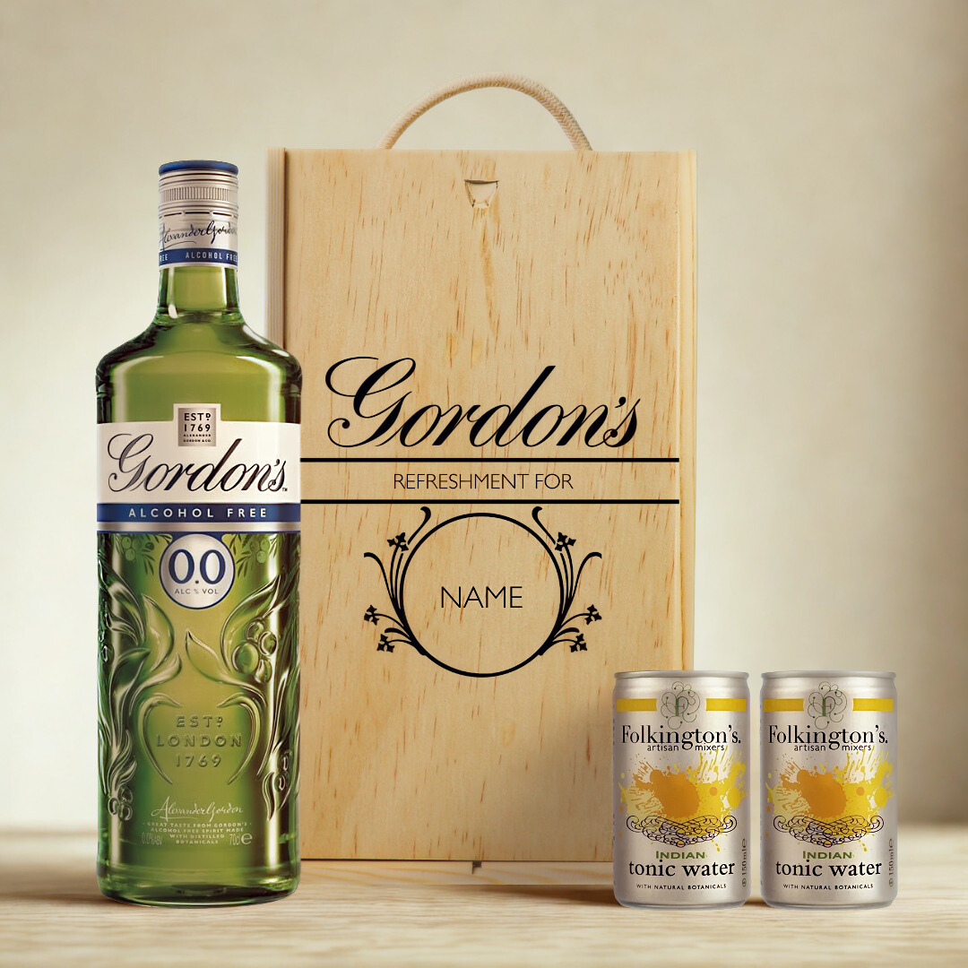 Personalised Gordon’s Original 0.0 Alcohol-Free Gin &amp; Tonic Gift Set In Wooden Box – 0.0% ABV (70cl)