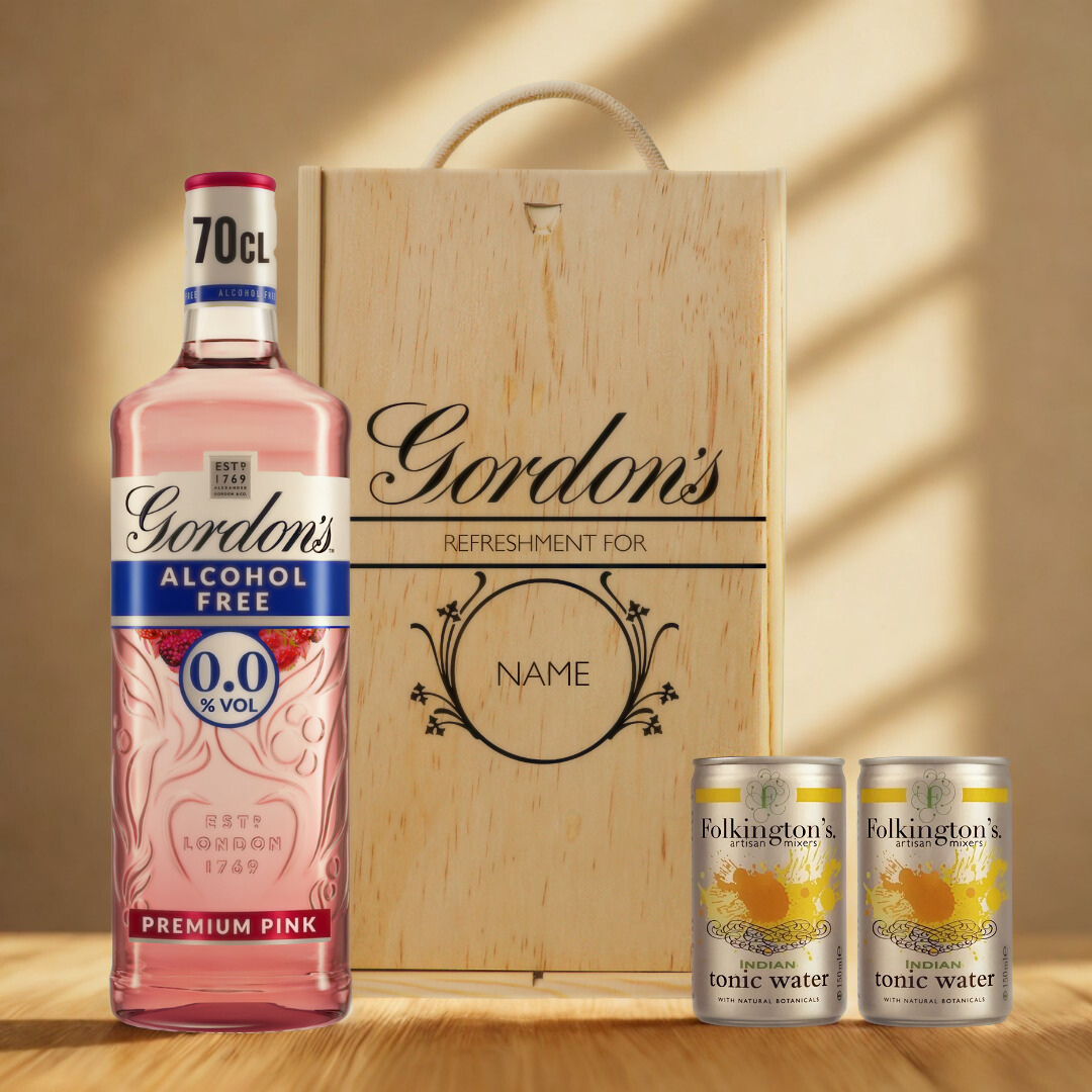 Personalised Gordon’s Pink 0.0 Alcohol-Free Gin &amp; Tonic Gift Set In Wooden Box – 0.0% ABV (70cl)