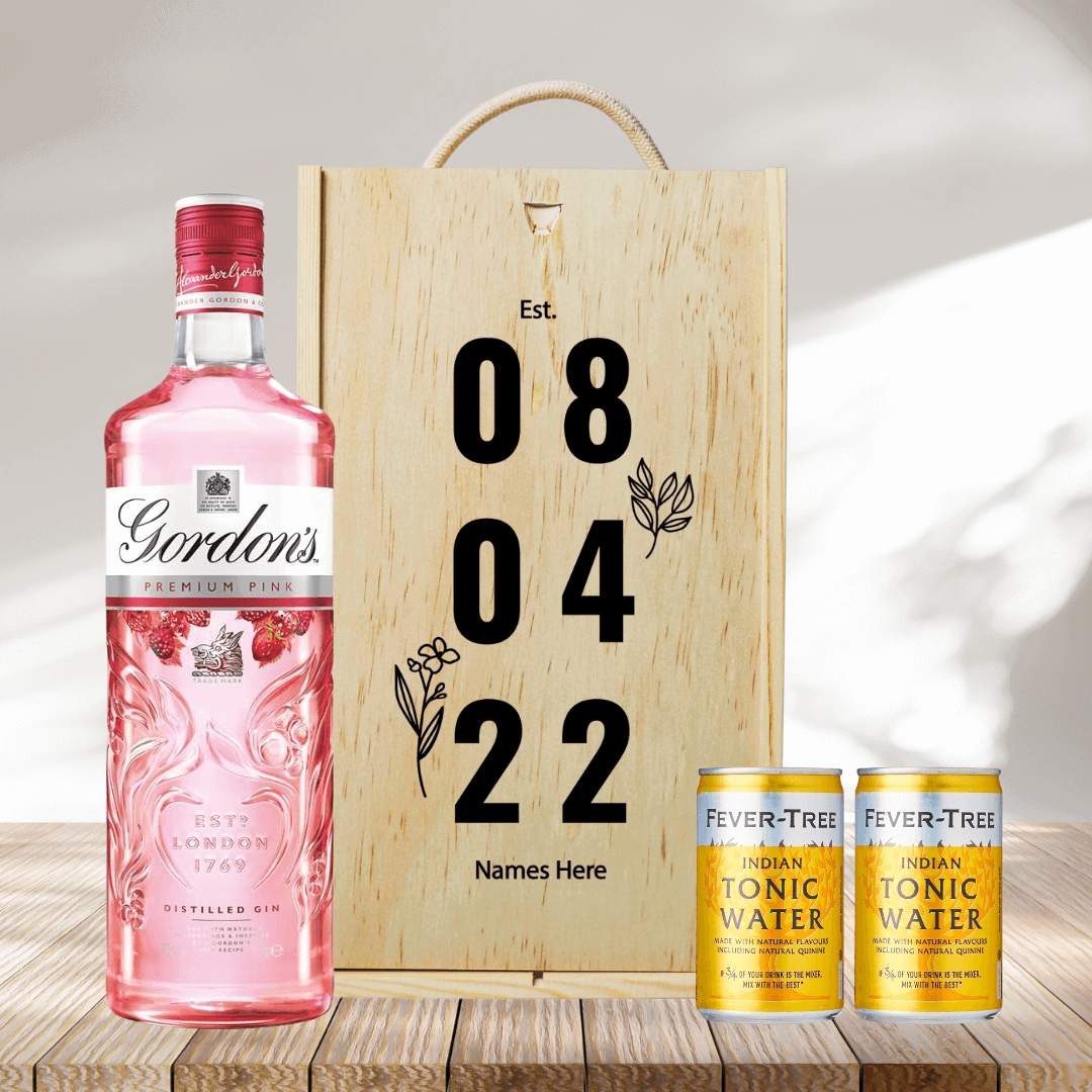 Personalised Gordon&#39;s Premium Pink Gin Anniversary Gift Box with Tonic Water - 70cl - BEERHUNTER