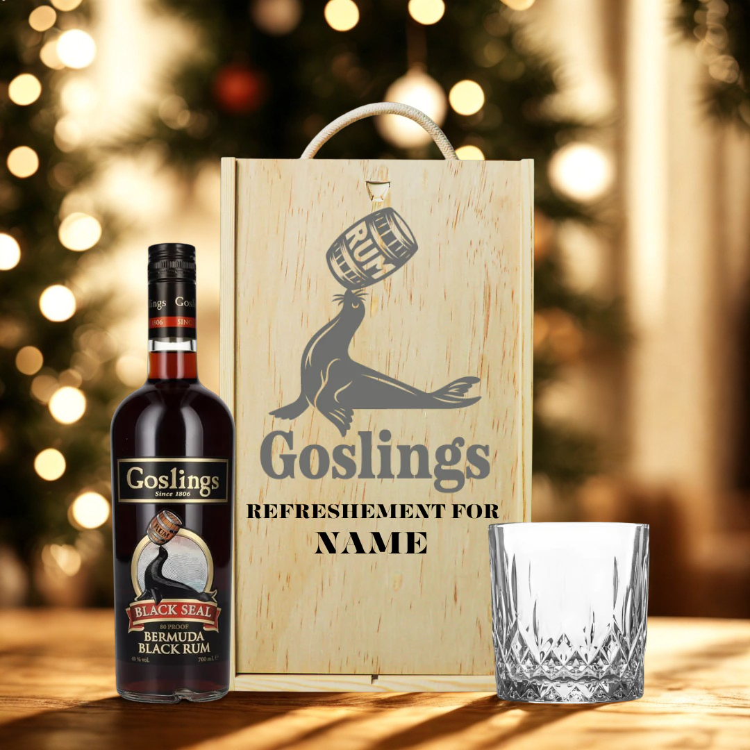 Personalised Goslings Black Seal Rum with Glass in Wooden Box Gift Set