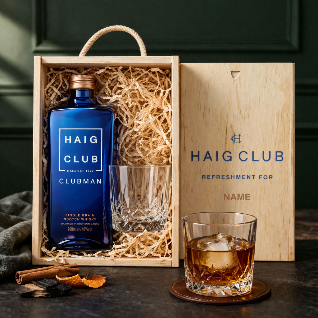 Personalised Haig Club Clubman Single Grain Scotch Whisky with Glass in Wooden Box  70cl (40% ABV)