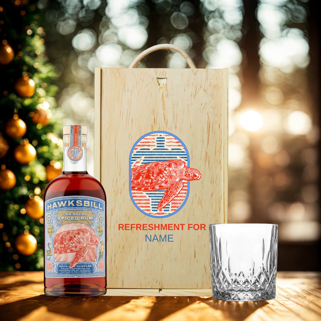 Personalised Hawksbill Caribbean Spiced Rum with Glass in Wooden Box Gift Set
