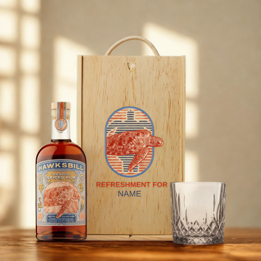 Personalised Hawksbill Spiced Rum Gift Set with Glass & Wooden Box ...