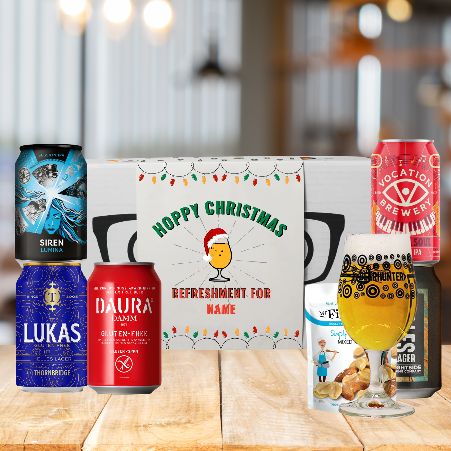 Personalised 'Hoppy Christmas' Gluten Free Beer 5 Can Gift Pack with Glass & Snack