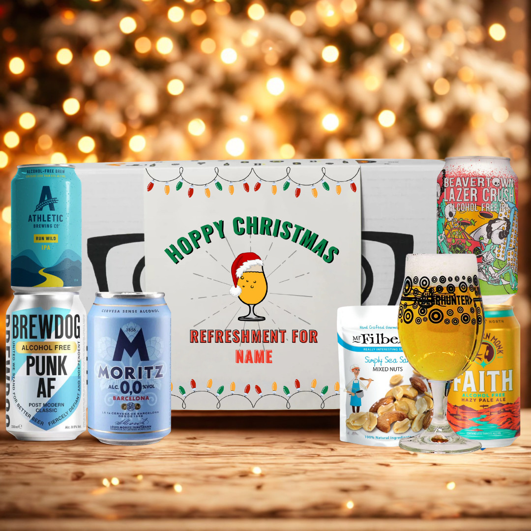 Personalised 'Hoppy Christmas' Low/No Alcohol Beer 5 Can Gift Pack with Glass &amp; Snack