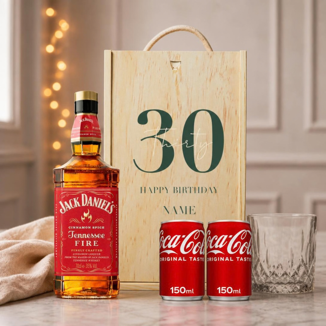 Personalised Jack Daniels Fire Whisky Happy Birthday Gift with Glass and Coca-Cola 70cl - 35% ABV