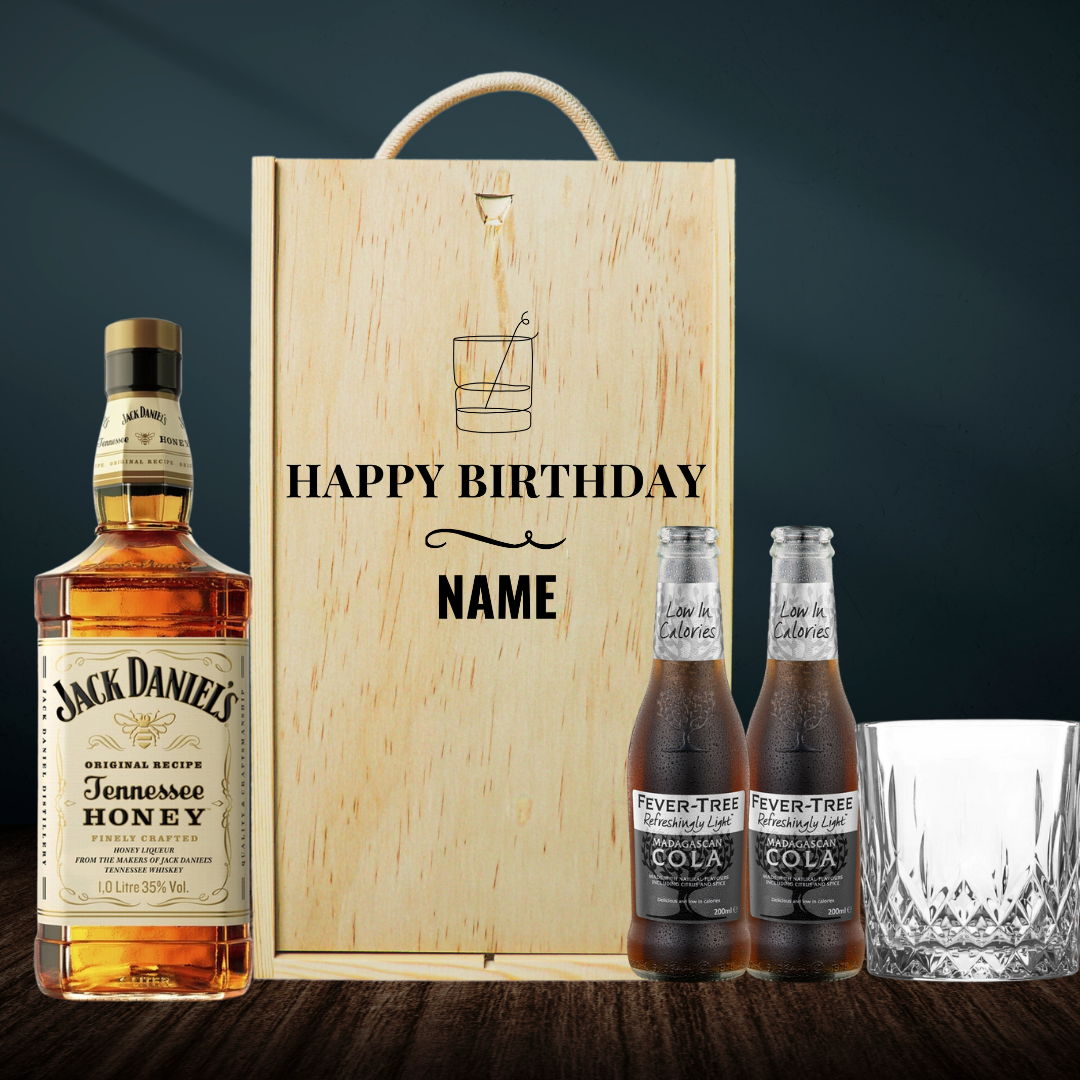 Personalised Jack Daniels Honey Whiskey Happy Birthday Gift Set with JD Glass and Cola 70cl - 40% ABV - BEERHUNTER