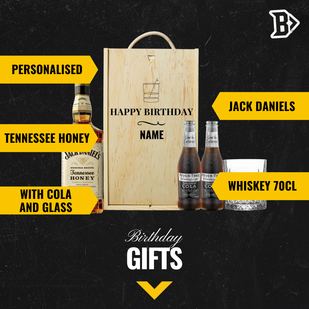 Personalised Jack Daniels Honey Whiskey Happy Birthday Gift Set with JD Glass and Cola 70cl - 40% ABV - BEERHUNTER