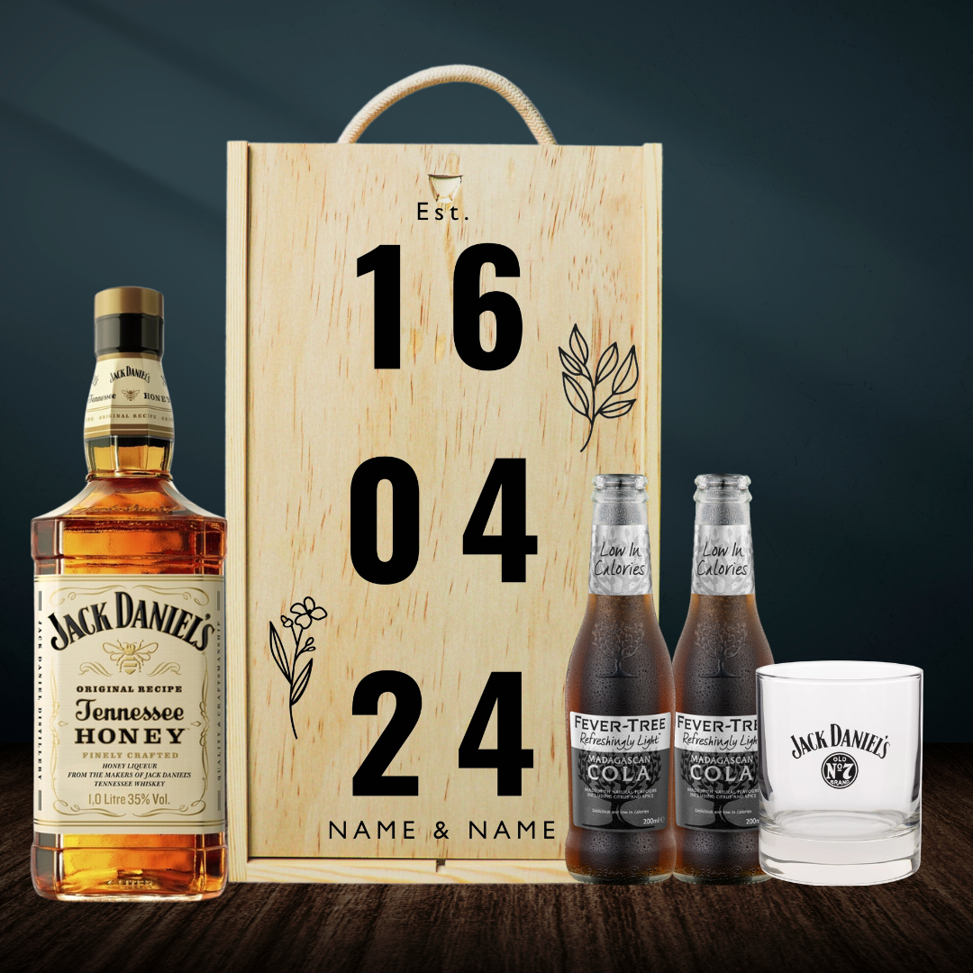 Personalised Jack Daniels No. 7 Tennessee Honey Whisky Anniversary Gift Box with Cola &amp; Glass - 70cl - BEERHUNTER