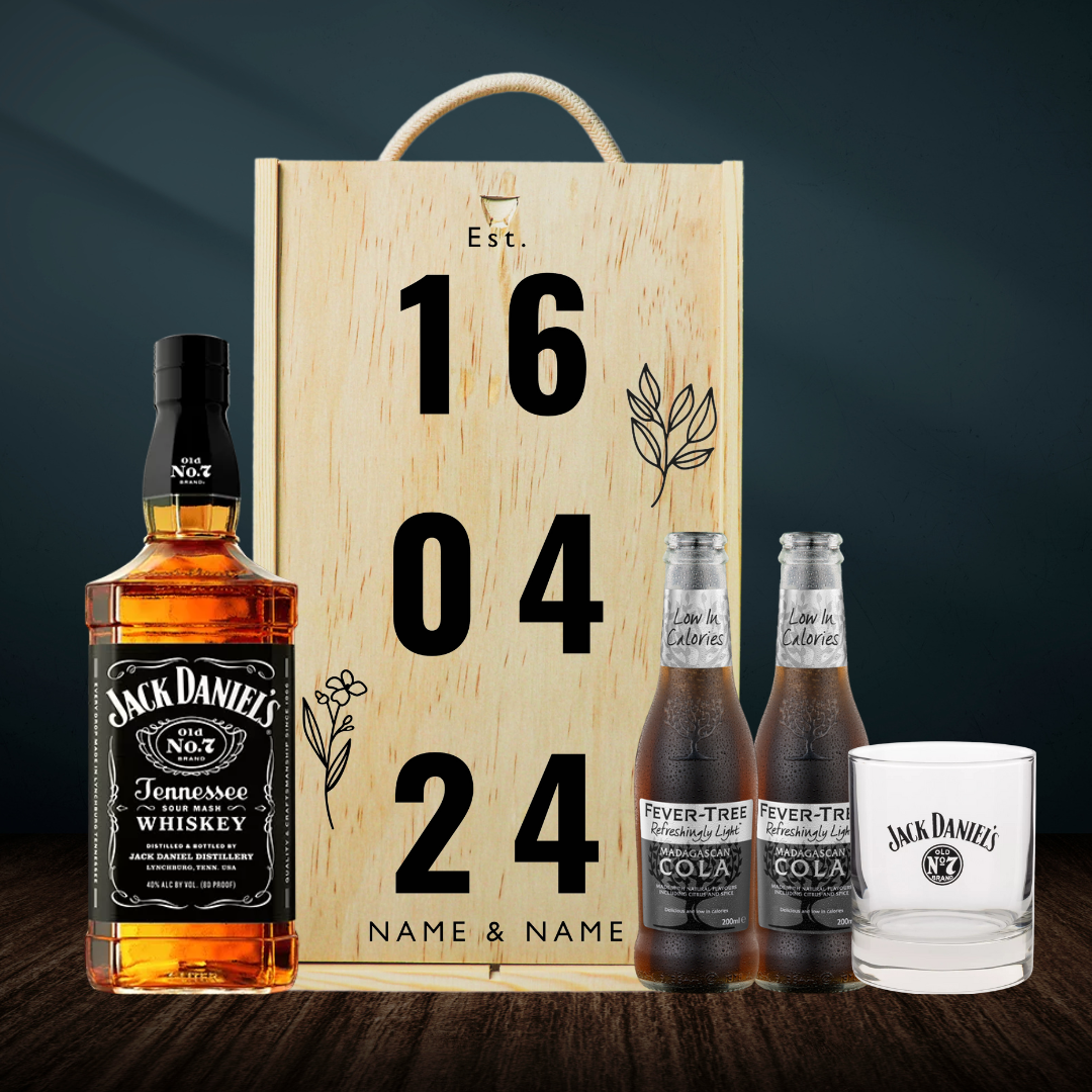 Personalised Jack Daniels No. 7 Tennessee Whisky Anniversary Gift Box with Curiosity Cola &amp; Glass - 70cl - BEERHUNTER