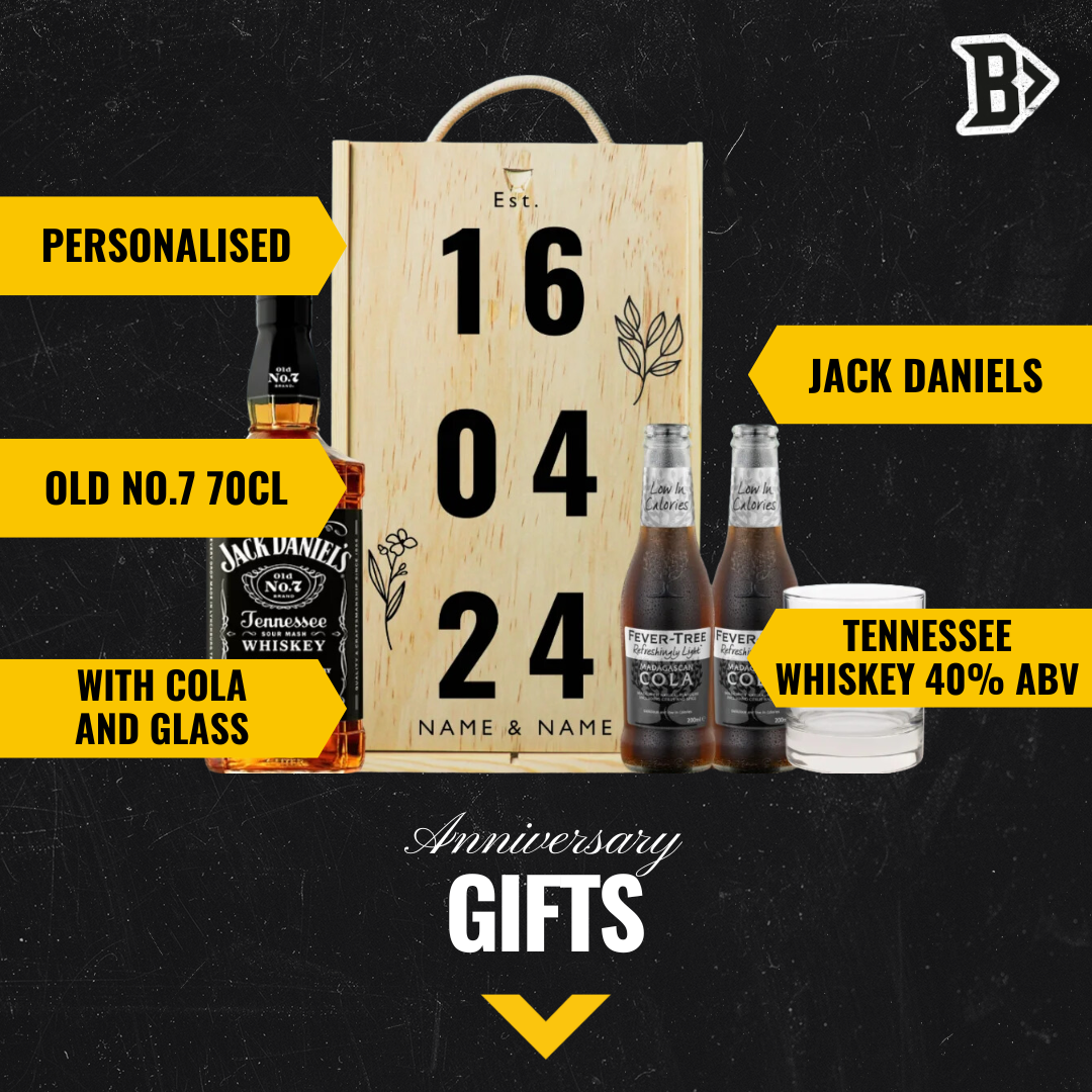 Personalised Jack Daniels No. 7 Tennessee Whisky Anniversary Gift Box with Curiosity Cola &amp; Glass - 70cl - BEERHUNTER