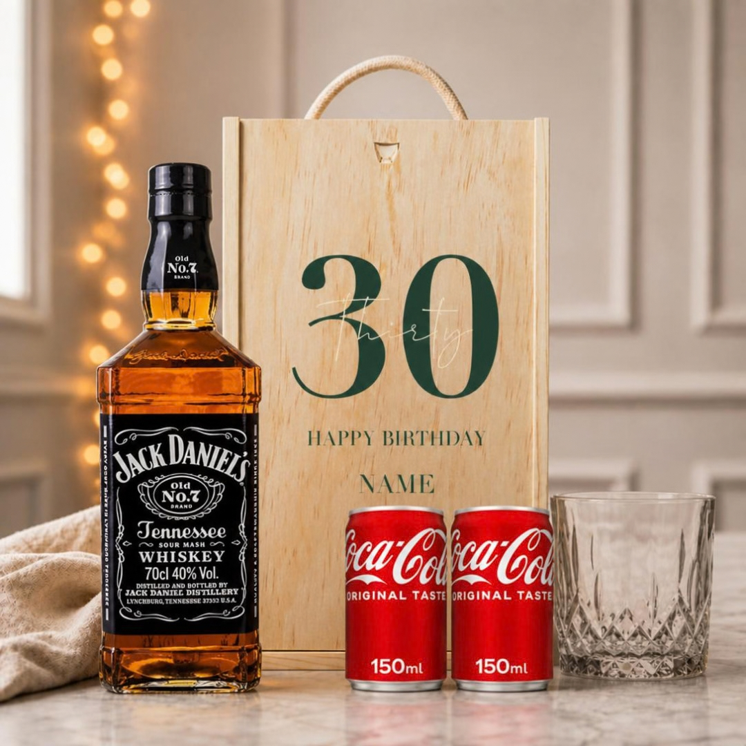 Personalised Jack Daniels No. 7 Whisky Happy Birthday Gift Box with JD Glass and Cola 70cl - 40% ABV