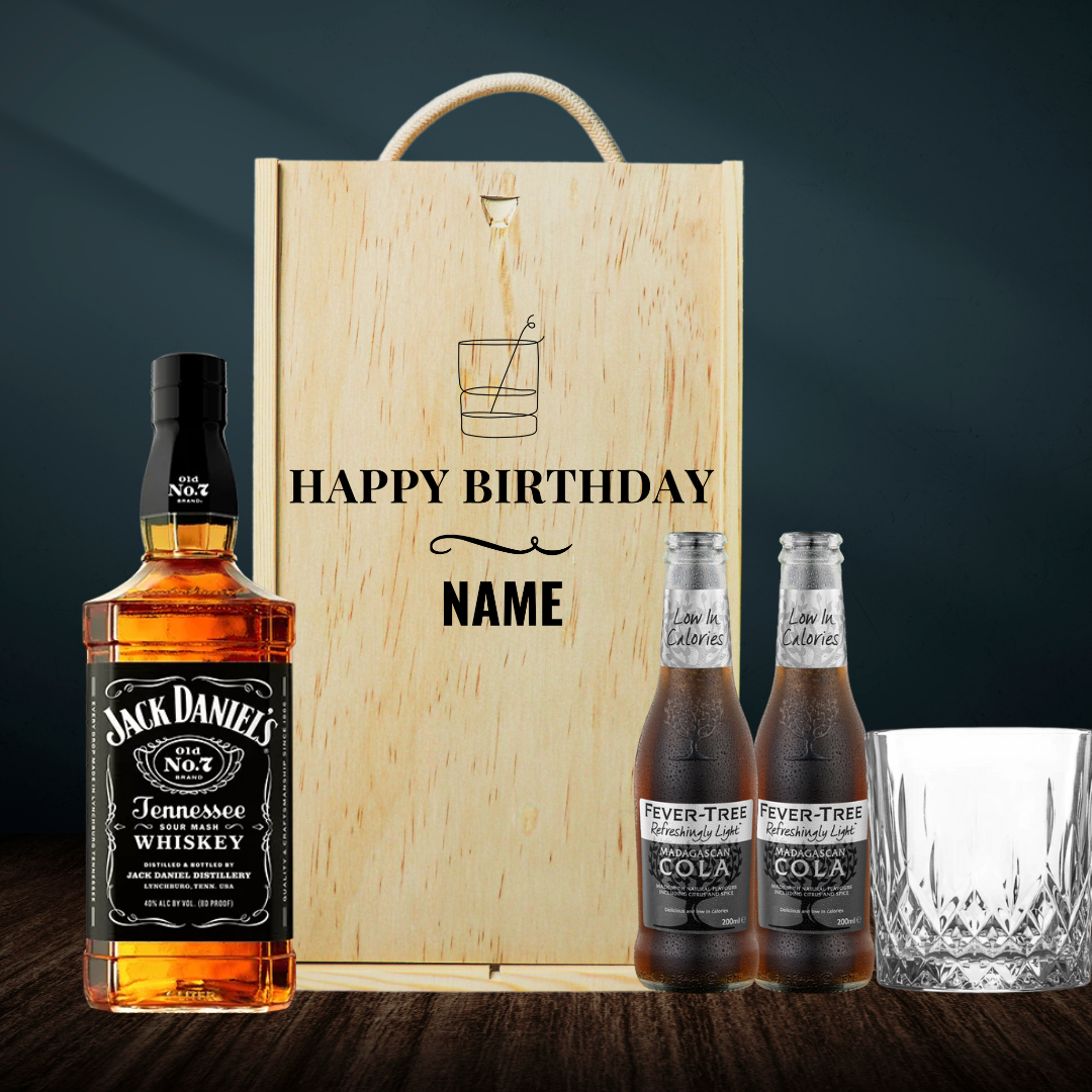 Personalised Jack Daniels No. 7 Whisky Happy Birthday Gift Box with JD Glass and Cola 70cl - 40% ABV - BEERHUNTER