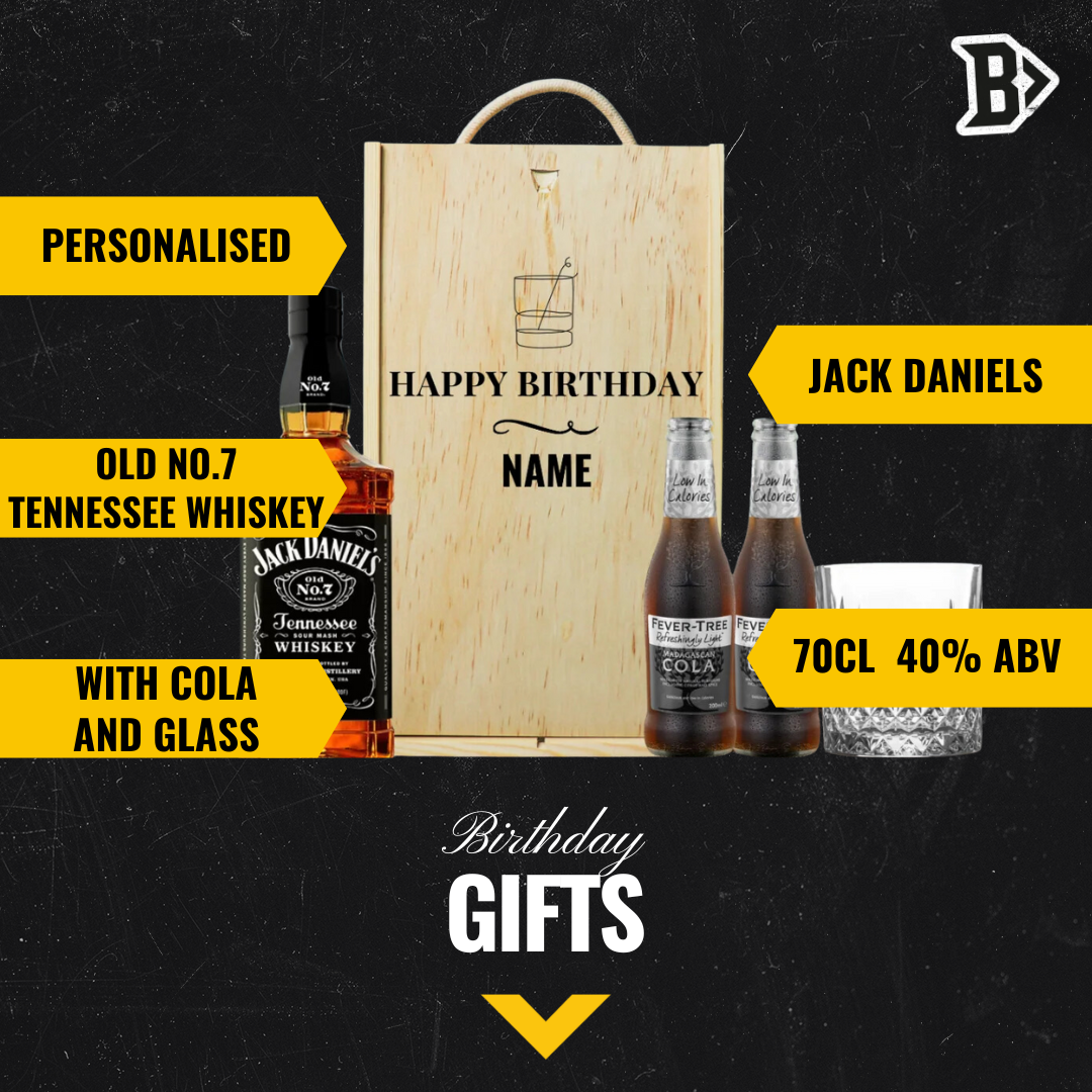 Personalised Jack Daniels No. 7 Whisky Happy Birthday Gift Box with JD Glass and Cola 70cl - 40% ABV - BEERHUNTER