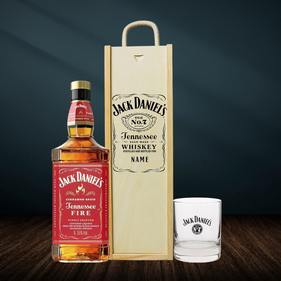 Personalised Jack Daniels Tennessee Fire Gift Box with JD Glass 70cl - 40% ABV - BEERHUNTER