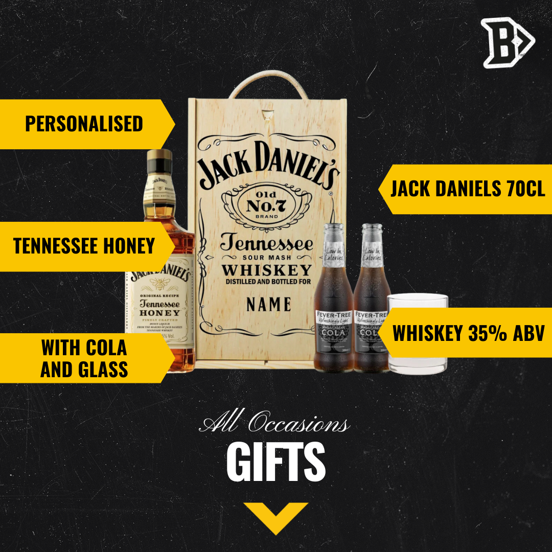 Personalised Jack Daniels Tennessee Honey Whiskey Gift Set with JD Glass and Fever Tree Cola 70cl - 40% ABV - BEERHUNTER