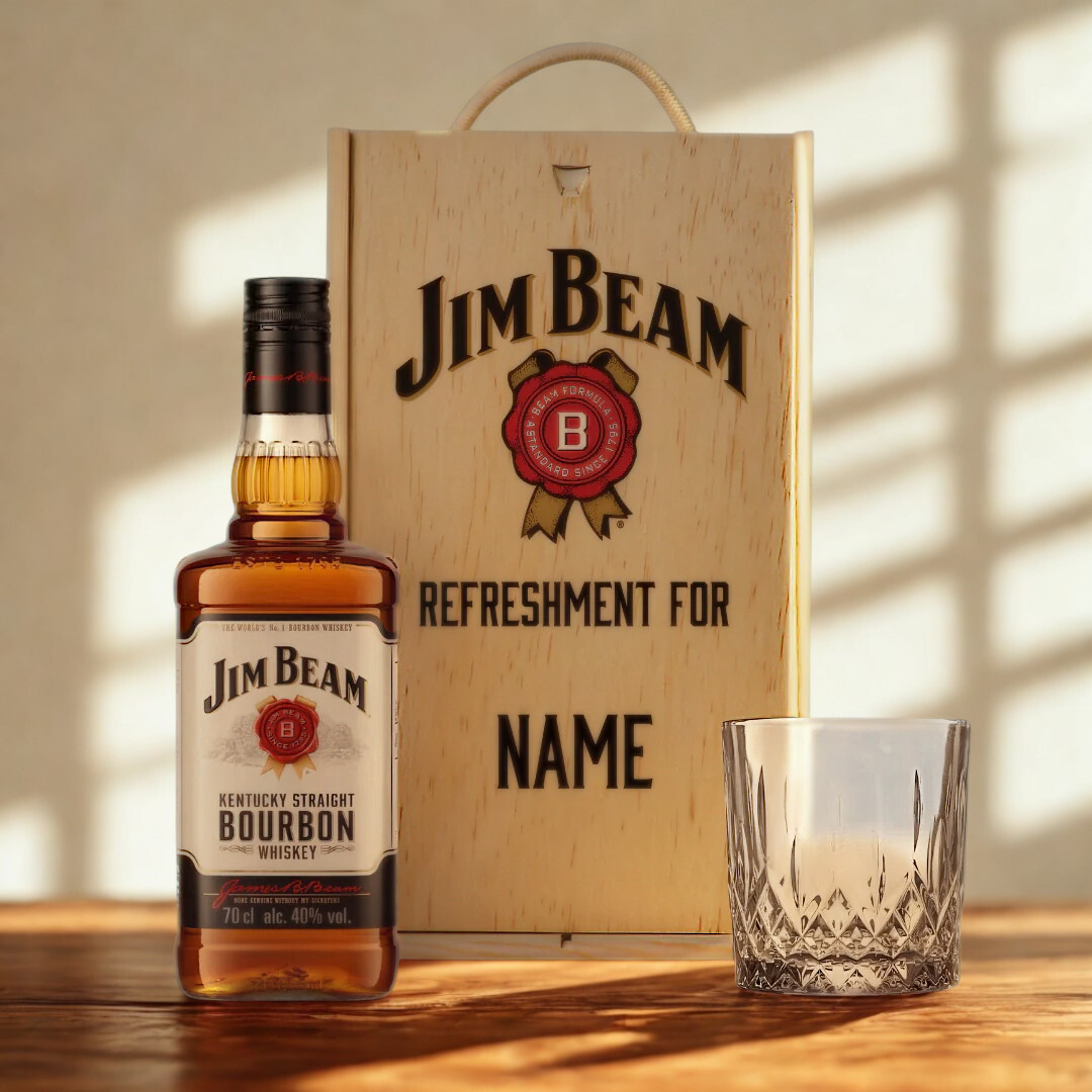 Personalised Jim Beam American Bourbon Whiskey In Wooden Box with Glass 70cl (40% ABV)