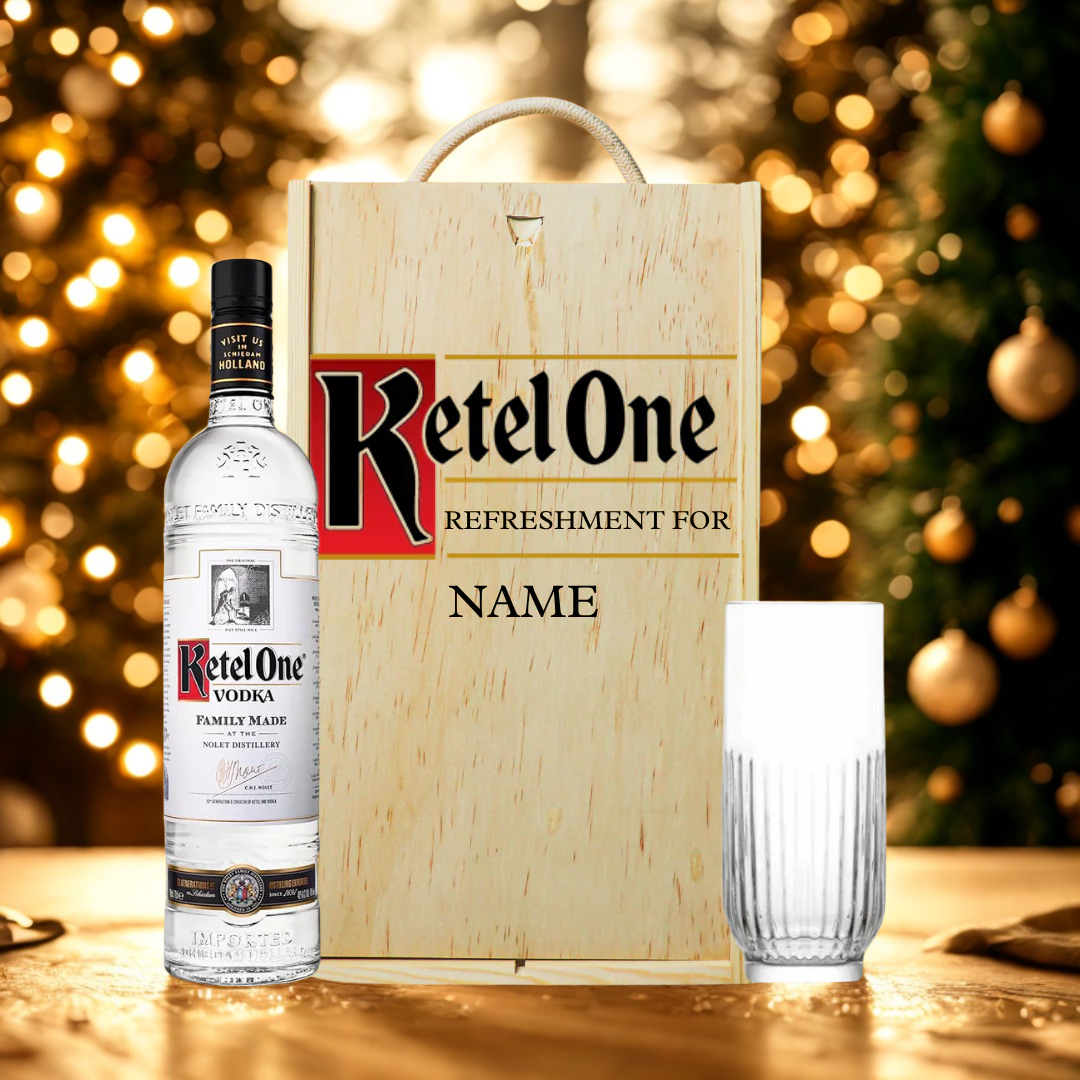 Personalised Ketel One Vodka Gift Set with Glass &amp; Wooden Box – 70cl