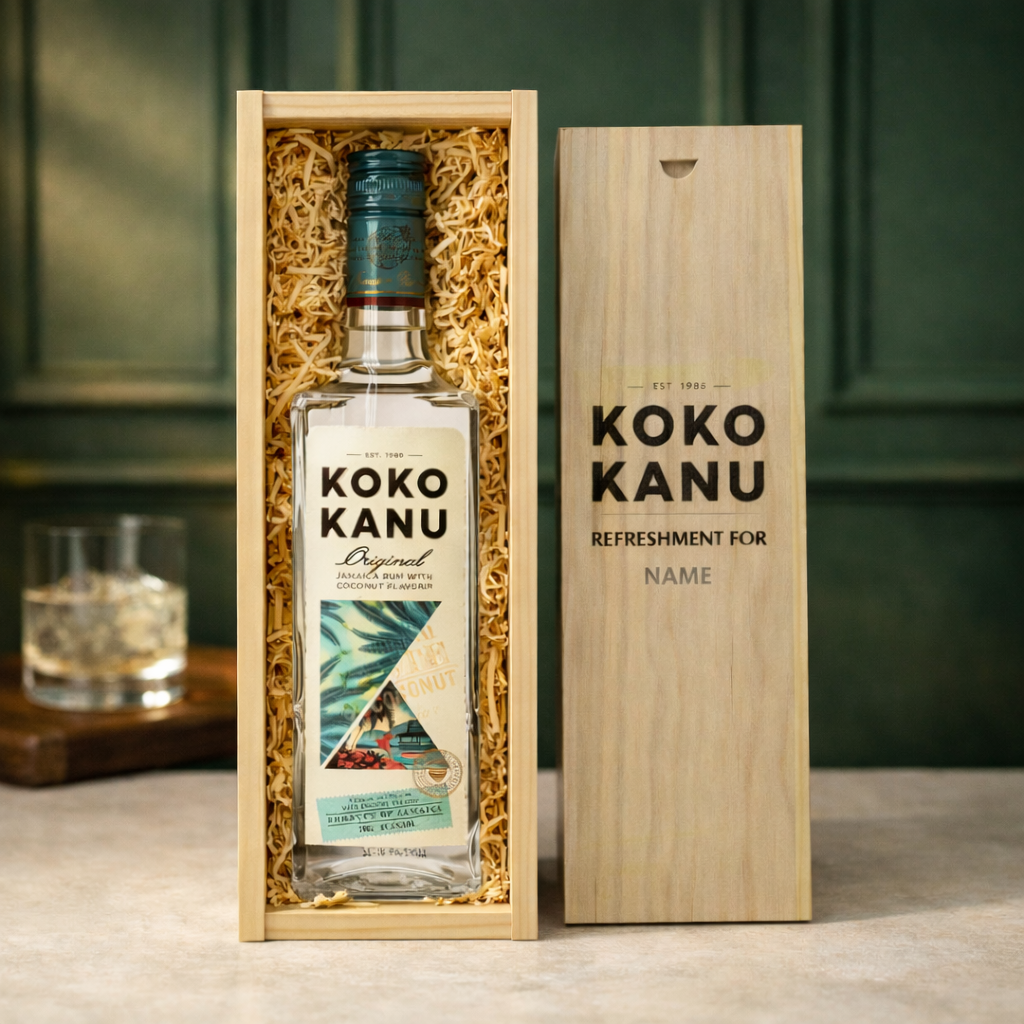 Personalised Koko Kanu Jamaican Coconut Rum in Wooden Box Gift Set