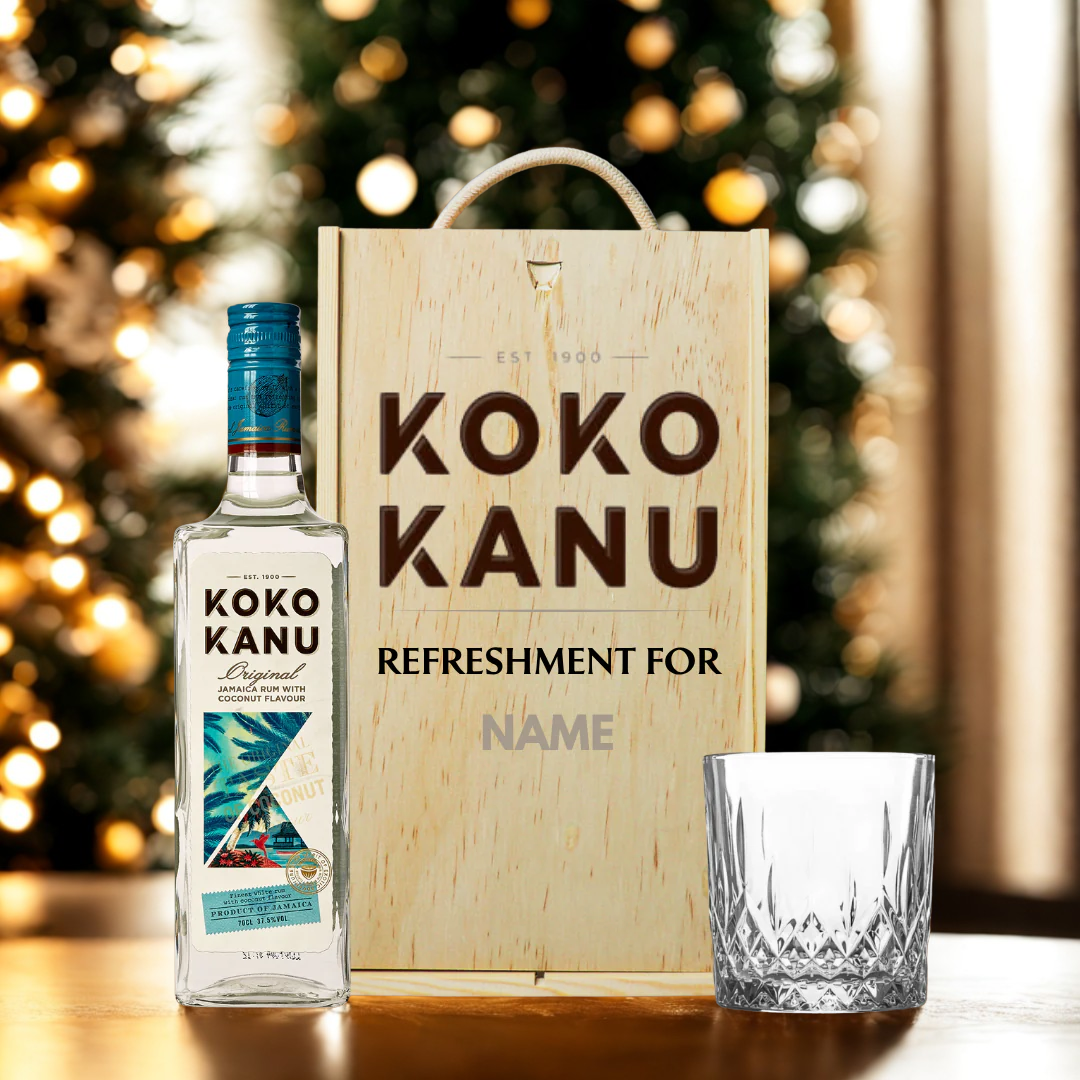 Personalised Koko Kanu Jamaican Coconut Rum with Glass in Wooden Box Gift Set