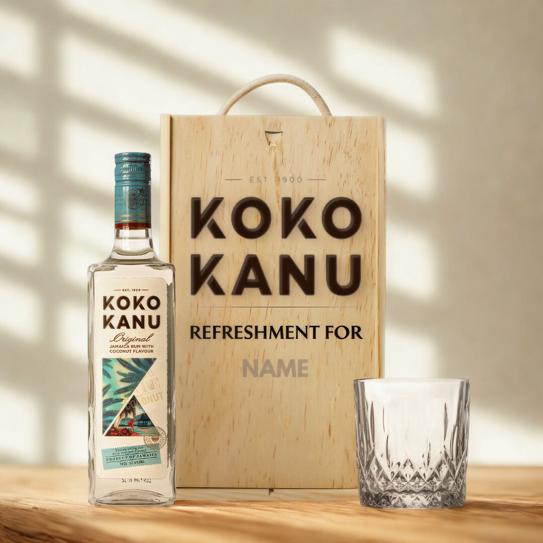 Personalised Koko Kanu Jamaican Coconut Rum with Glass in Wooden Box Gift Set