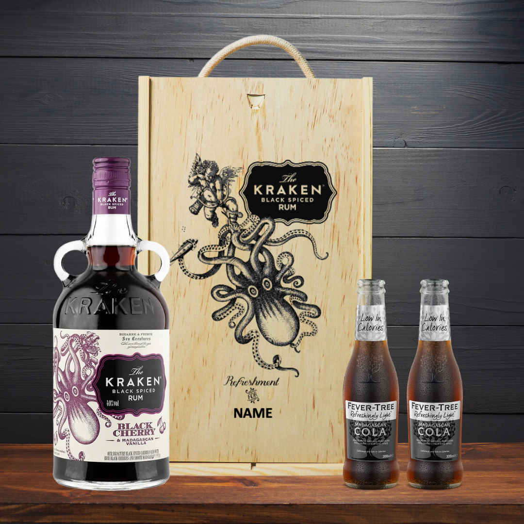 Personalised Kraken Black Cherry & Madagascan Vanilla Rum Gift Box with Fever Tree Cola - 70cl - 40% ABV - BEERHUNTER