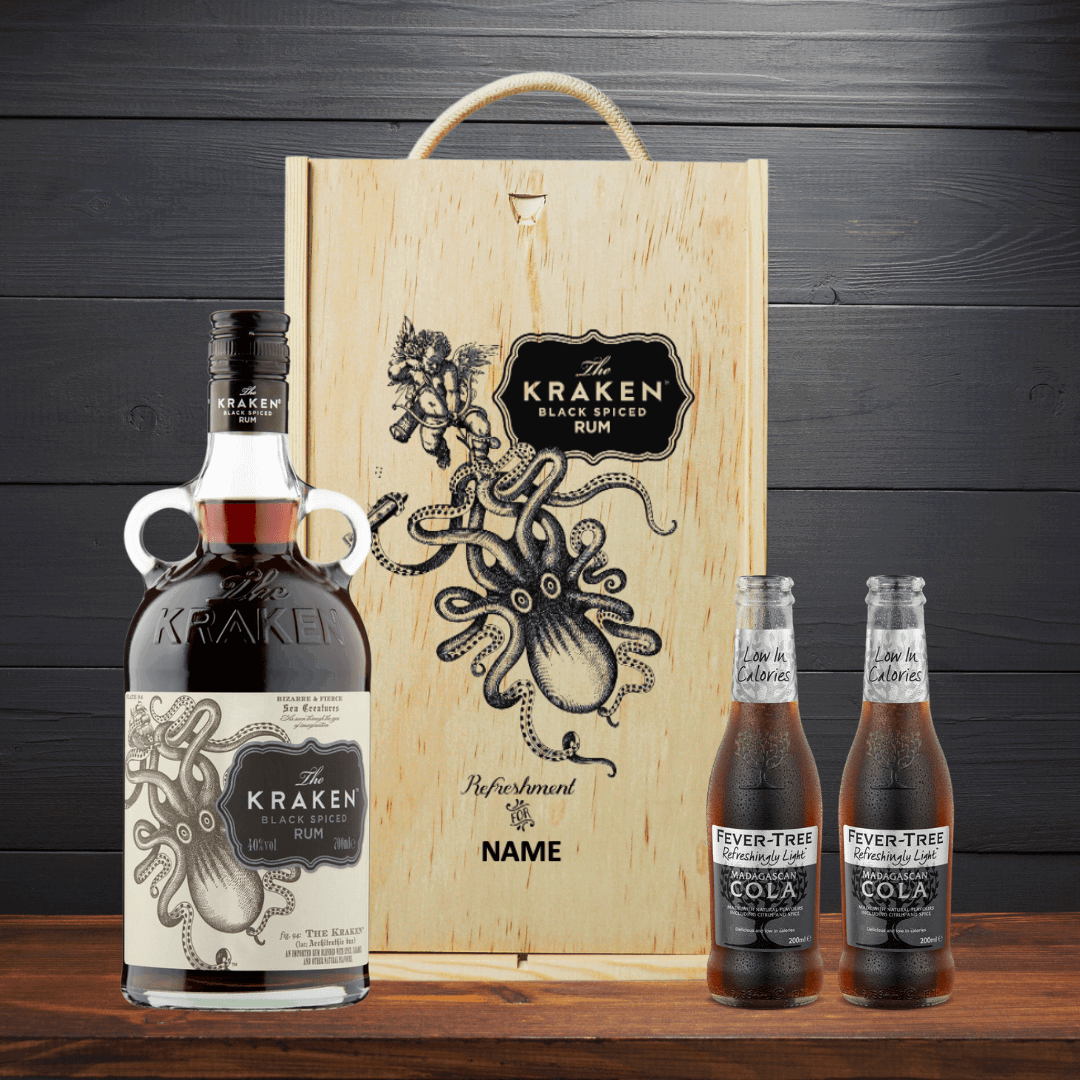 Personalised Kraken Black Spiced Rum Gift Box with Fever Tree  Cola - 70cl - 40% ABV - BEERHUNTER